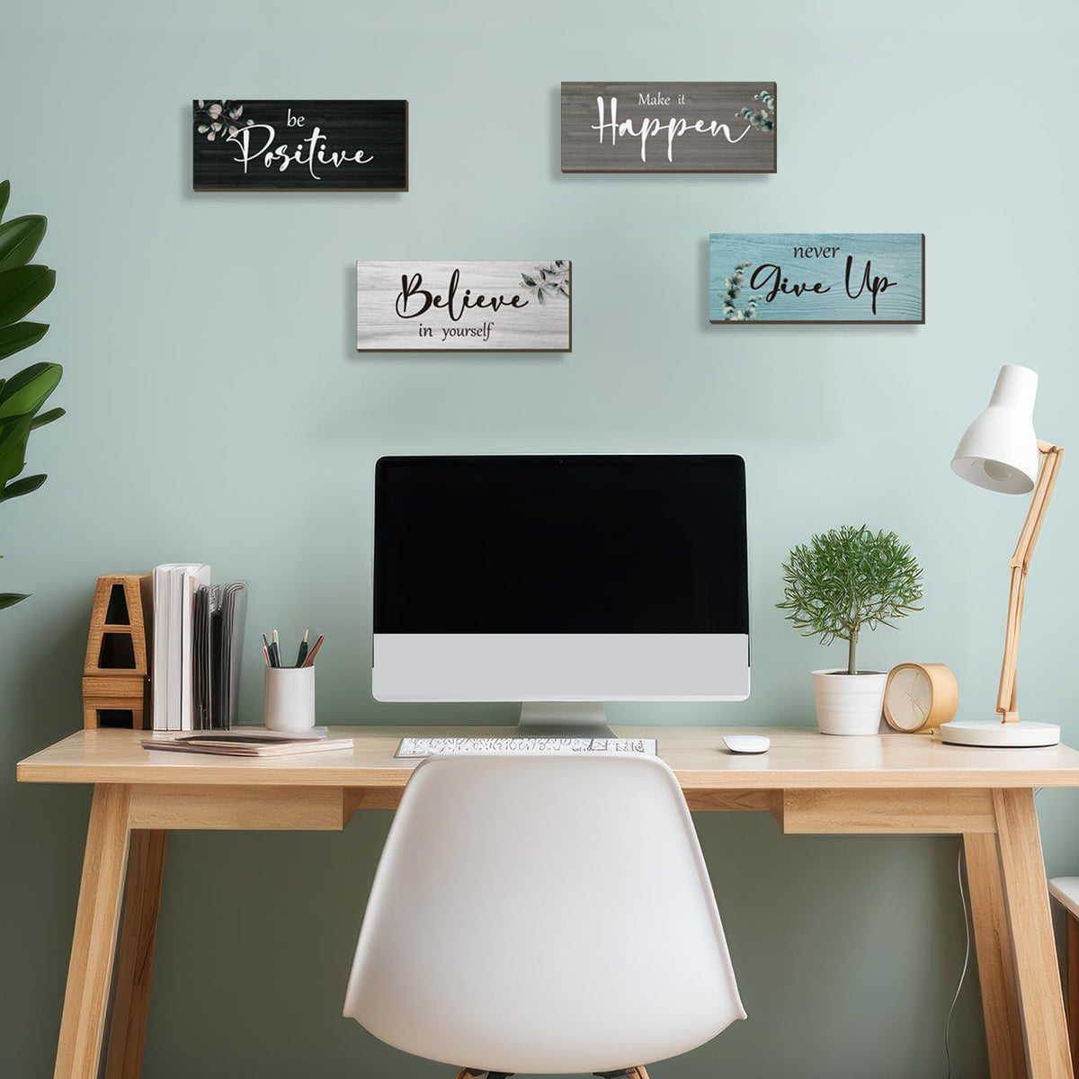 FENCORDAR 4 Pcs Office Decor For Women Motivational Wall Decor Rustic Inspirational With Positive Sayings Wooden Hangings for Home Office Bathroom Bedroom Kitchen(Fresh 10x4")