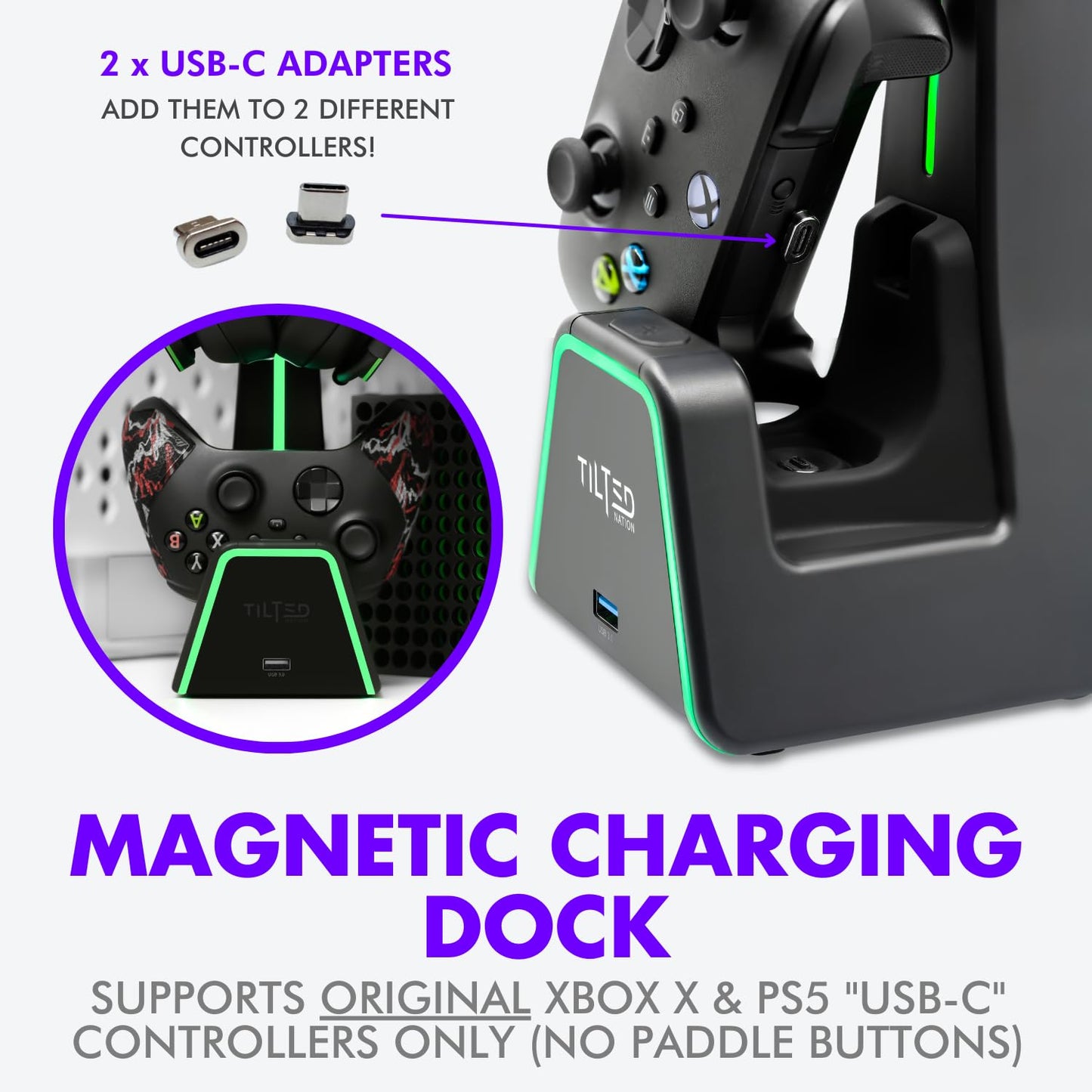 Tilted Nation 3 in 1 Gaming Headset and Controller Stand for PS5 and Xbox Series X Charging Station - Game Controller Holder and Headphone Stand for Desk with PlayStation and Xbox Magnetic Charger