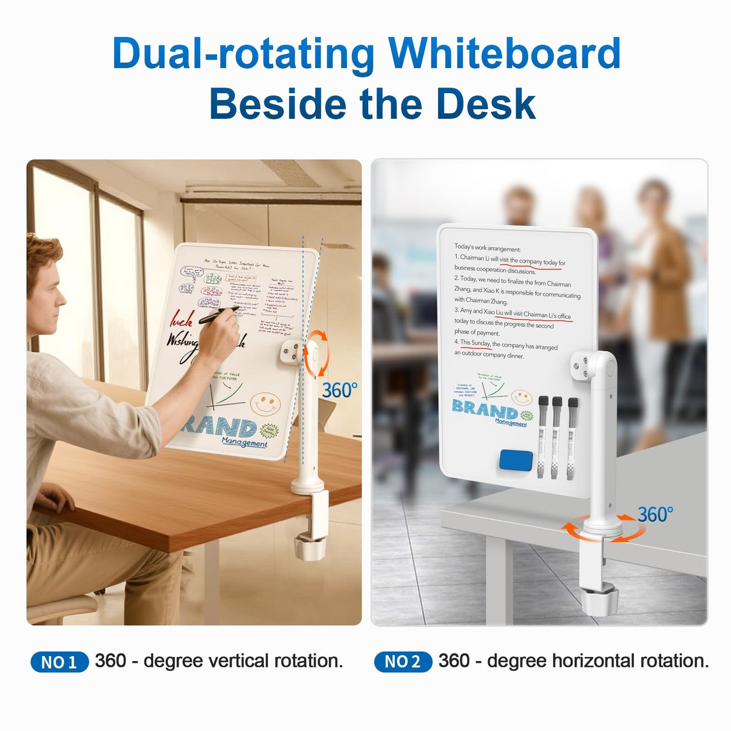 Double-Sided Clamp-On Desk Whiteboard, 360° Swivel Desktop Dry Erase Board for Office & Home Study, Fits Desks Under 2.3" Thick, Space Saving Memo Board (16" x 12") with Markers(1pc)