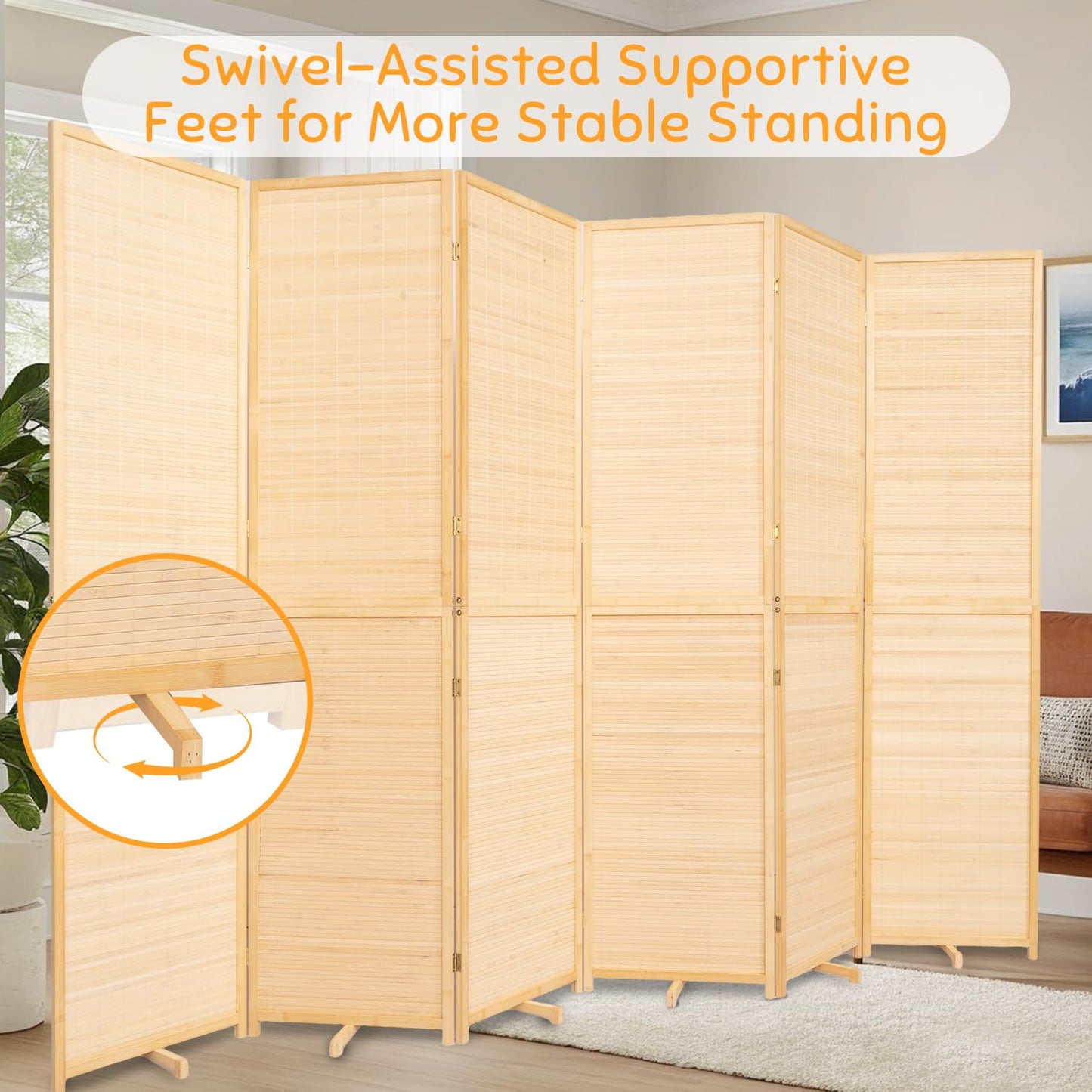 JVVMNJLK Room Divider, 5.6 FT Tall Folding Privacy Screen, Partition Divider for Room Separation, Portable Freestanding Wall Divider for Room, Bamboo Mesh Woven Design, (Beige, BM-6-Panel 67”)