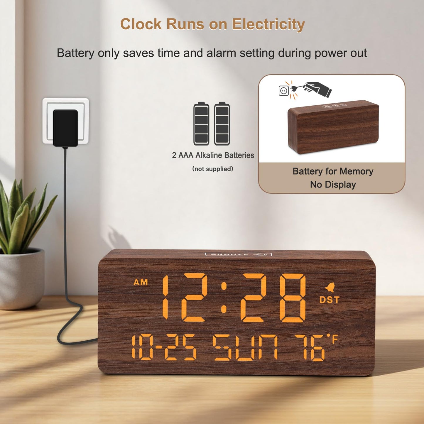 DreamSky Wooden Digital Alarm Clocks for Bedrooms - Living Room Desk Clock with Date and Day of Week, Temperature, USB Port, Dimmer Wheel, Adjustable Volume, Auto DST, Wood Decor for Office Table