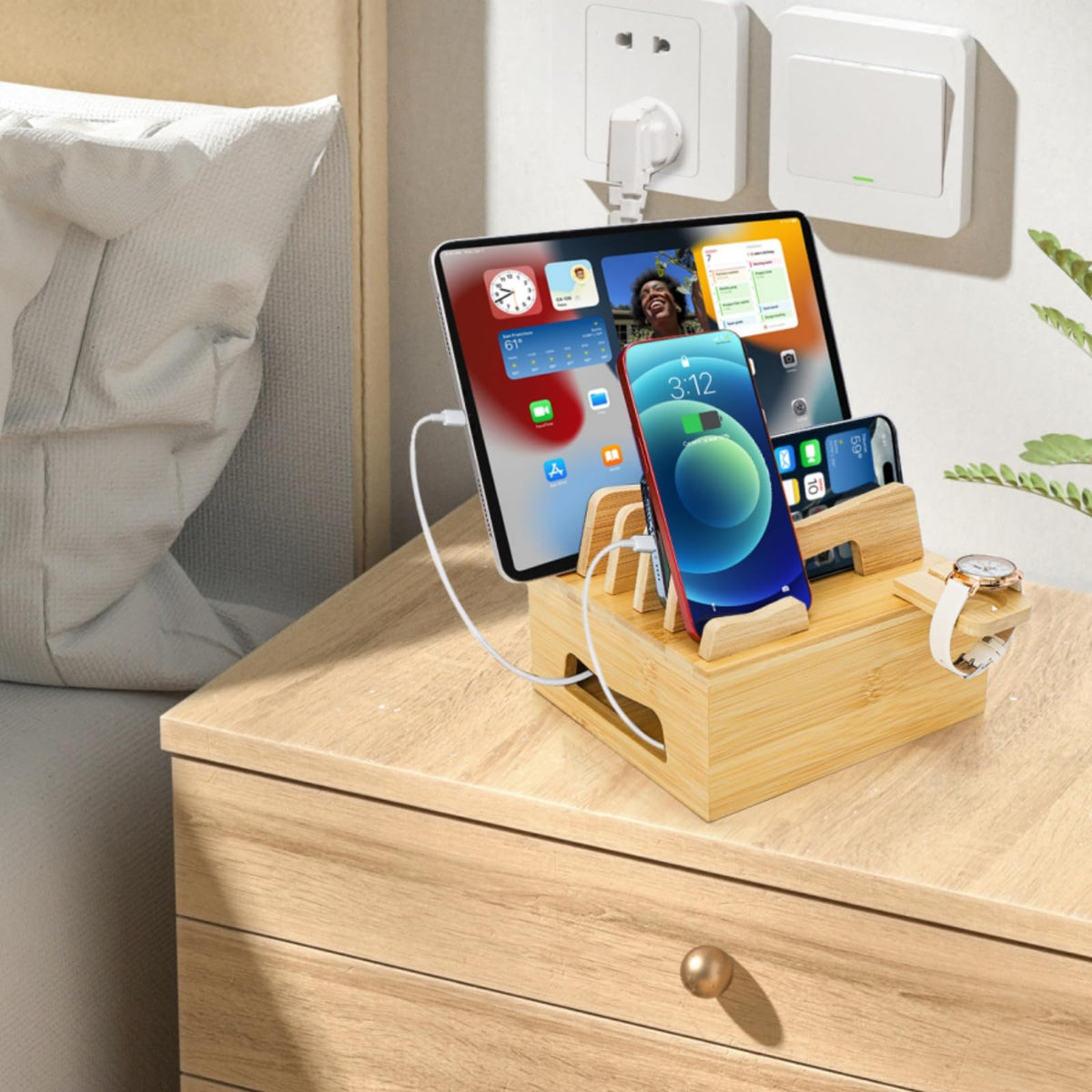 Acshio Bamboo Charging Station for Multi Devices, Small Desktop Docking Stand, Cell Phone Docking Station Charger Organizer for Tablets, Smart Watch (No USB Charger No Charging Cables)