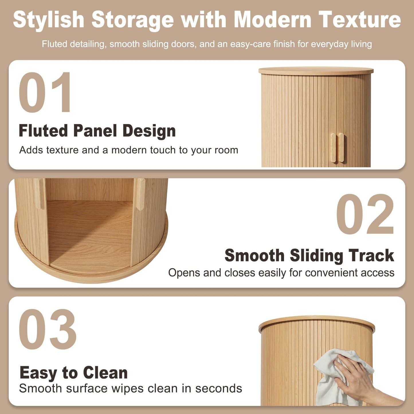 INNOD Side Table with Storage for Living Room, Round End Table with Sliding Tambour Door, Wood Night Stand Nightstand Bedside Table for Bedroom, Small Round Side Table, Mid Century Modern, Light Oak