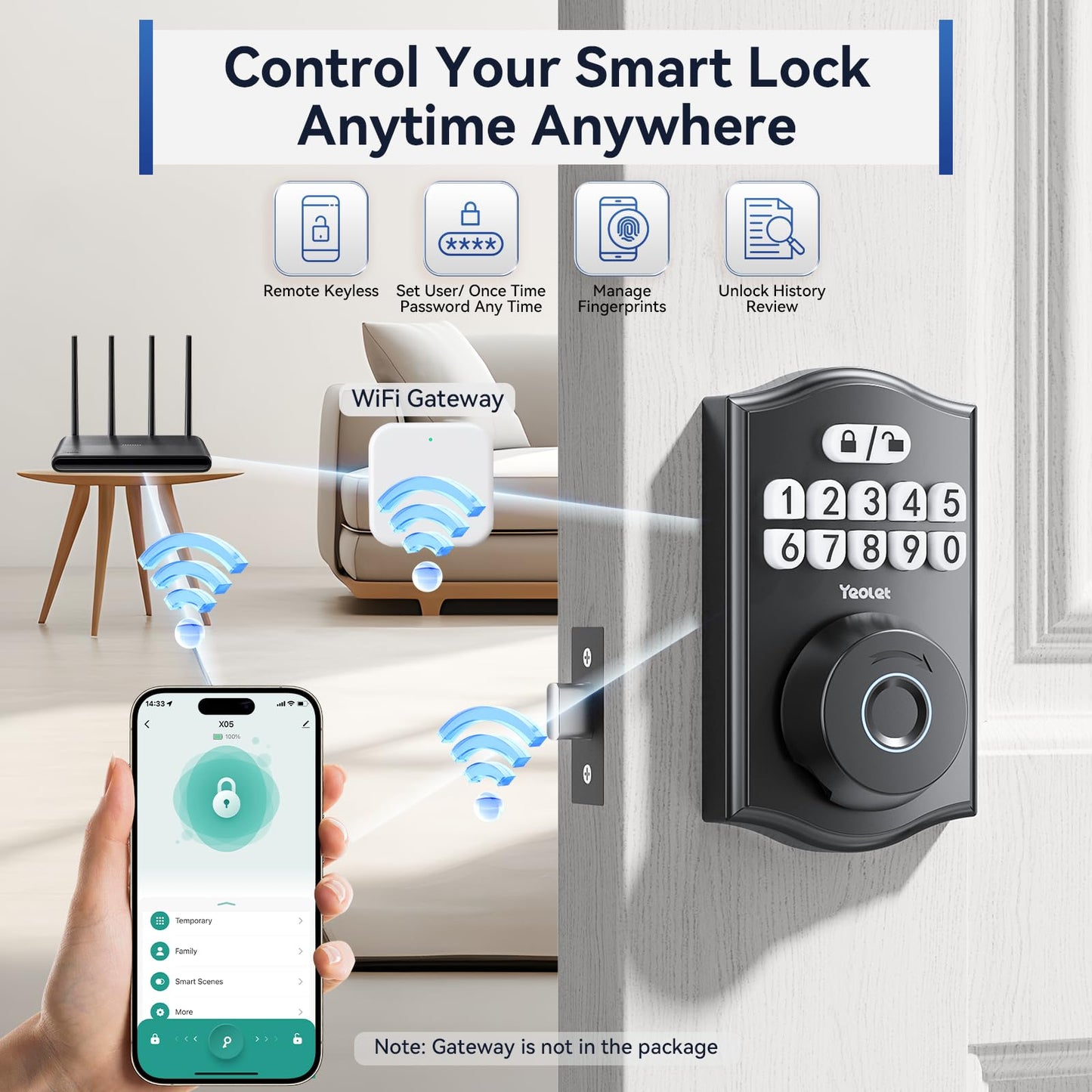 Y58 Built-in WiFi Fingerprint Door Lock, Keyless Entry Door Lock for Front, Smart Home & Apartment, App Control, 15-Min Easy Install, Grade 3 Anti Security, Matte Black