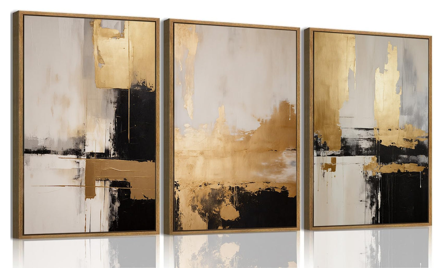 KISSFOX 3 Piece Framed Wall Art Abstract Wall Decor Black Gold Textured Pictures Modern Minimalist Canvas Art Large Luxury Paintings Artwork For Living Room Bedroom Office