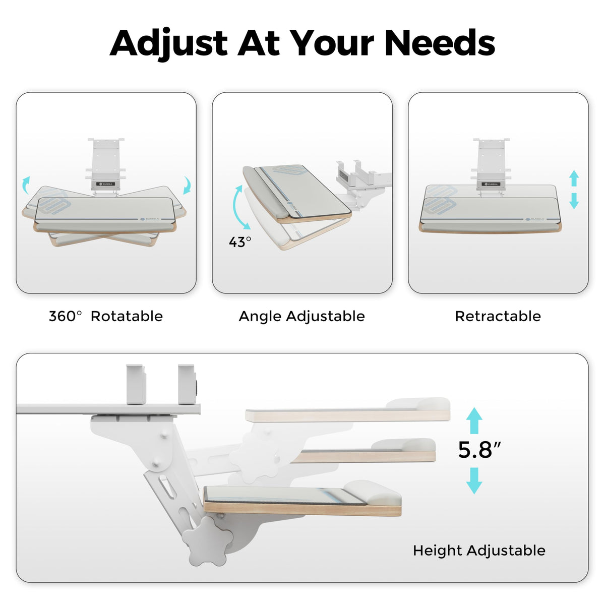 EUREKA ERGONOMIC Keyboard Tray Height Adjustable, Swivel Tilt Computer Keyboard Drawer Under Desk, 25x9.13'' Sliding Keyboard & Mouse Platform with Mouse Pad for Typing, Maple