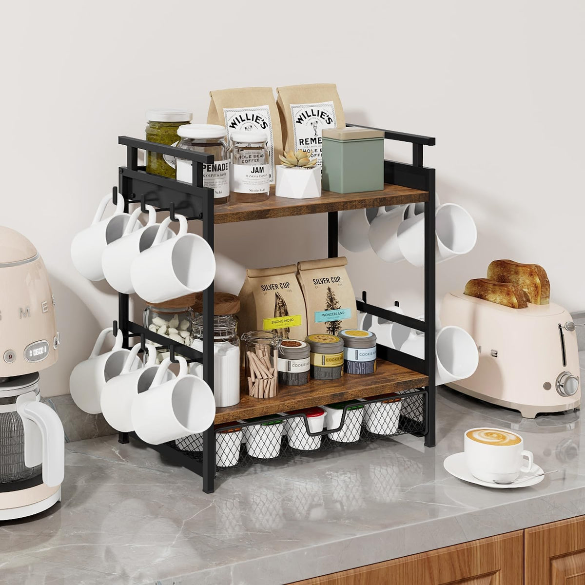 BCOZLUX Coffee Bar Organizer, 3 Tier Coffee Station Organizer for Countertop, Mug Cup Holder Stand with 12 Hooks, with K Cup Storage Drawer, Tea Organizers Accessories for Home Office