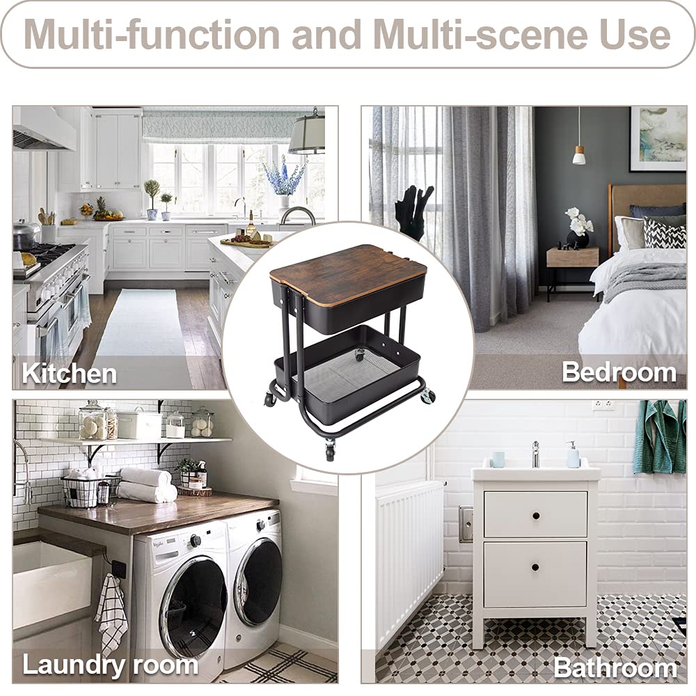 Melody House 2 Tier Metal Utility Rolling Cart Storage Organizer with Cover Board, Mobile Trolley Sofa Side Table with Wheels for Office Home Kitchen Organization, Black