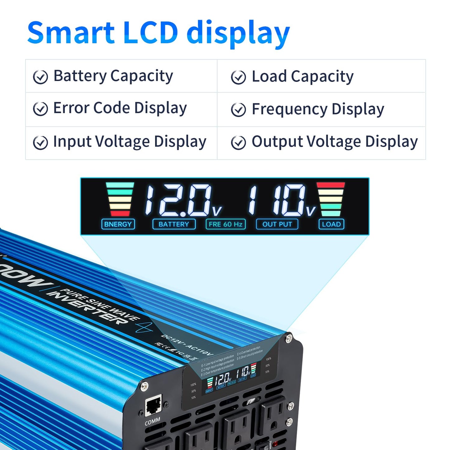 5000W Pure sine Wave Inverter DC 12V to AC 110V/120V Converter 10000w (Peak) with LCD Display Wireless/Wired Remote Control 4AC outlets 4USB and Hardwired AC.Ideal for RV Travel Off-Grid Solar Systems