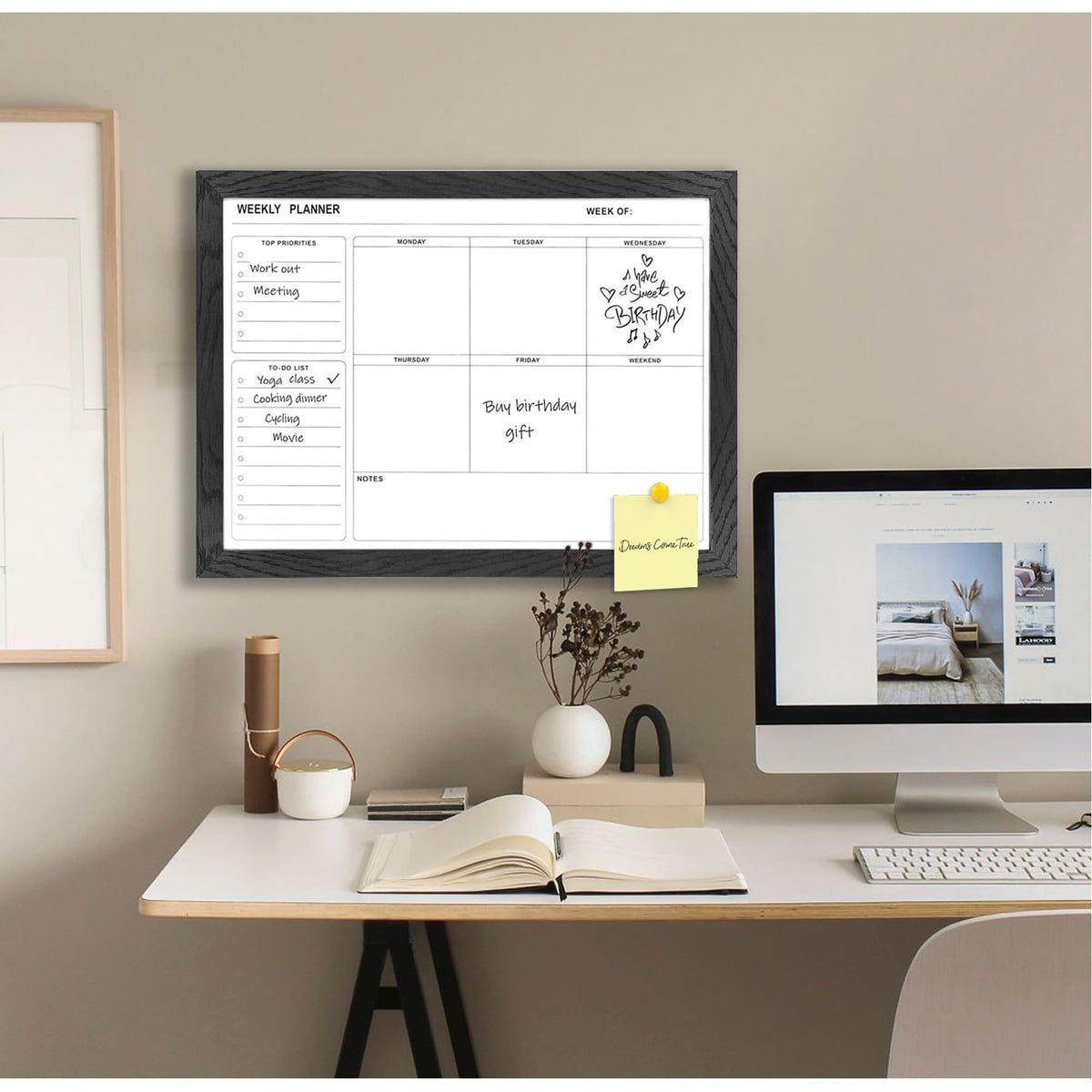 Marribol White Board Weekly Calendar Dry Erase Planner for Wall-16"X12",Black Solid Wood Frame,Minimal/Modern Design, Magnetic Whiteboard Planner for to Do List, Memo, School, Home, Office, Kitchen