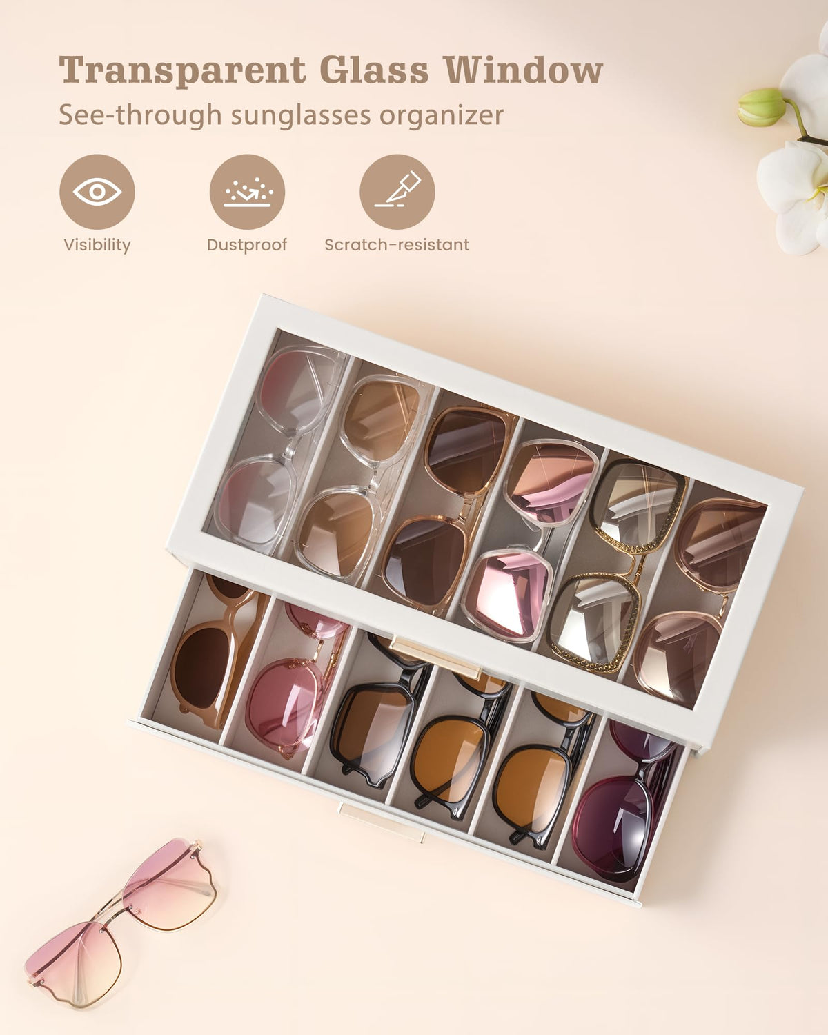 Lolalet 12 Slots 2-Layer Sunglasses Storage Box for Women, Eyewear Eye Glass Sunglass Organizer with Clear Top Lid Display Holder Case for Eyeglass Watch Jewelry, Mothers Day Gifts -Beige