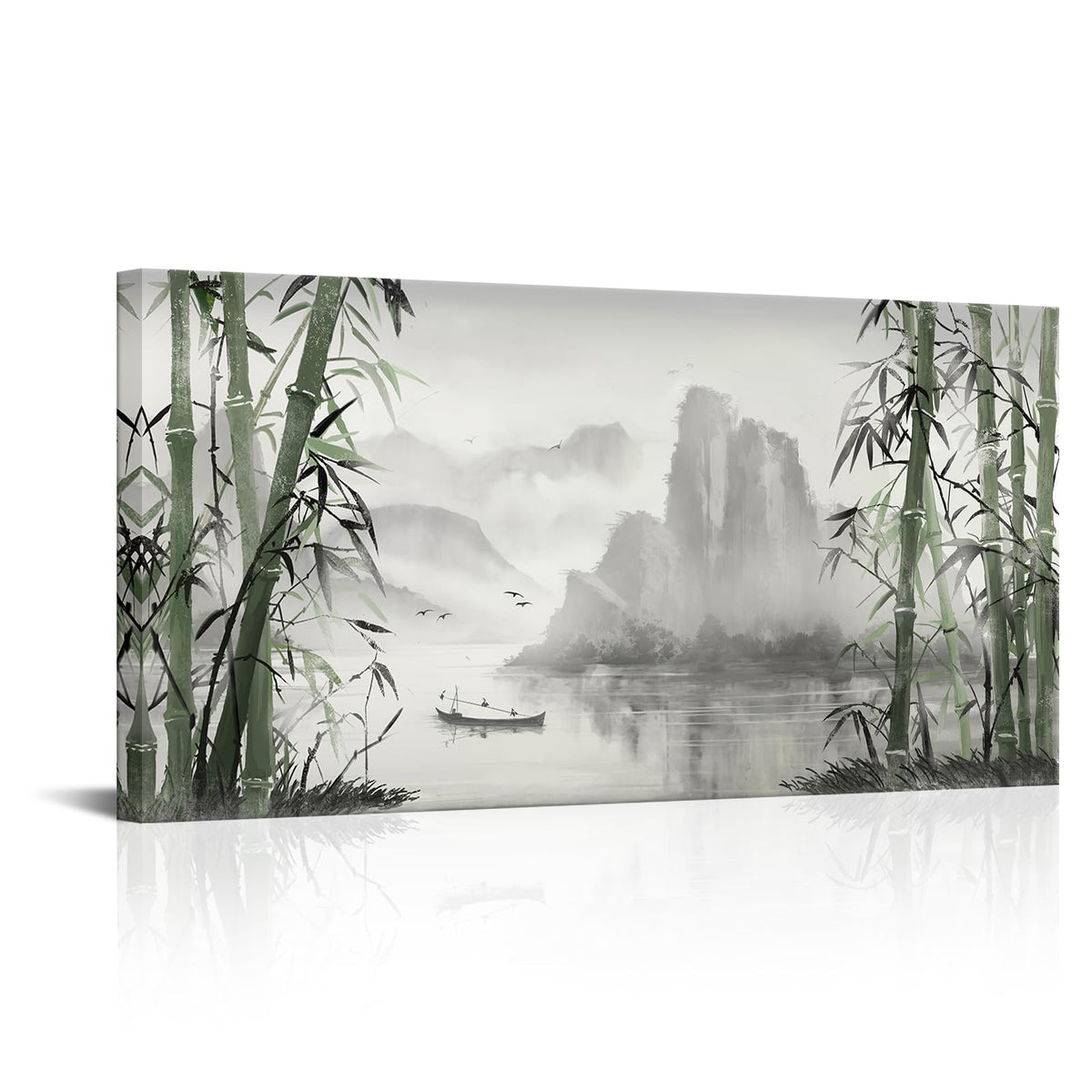Biuteawal Black and White Nature Landscape Wall Art Green Bamboo Picture Canvas Artwork Chinese Style Shanshui Painting Home Office Decor Framed