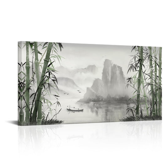 Biuteawal Black and White Nature Landscape Wall Art Green Bamboo Picture Canvas Artwork Chinese Style Shanshui Painting Home Office Decor Framed