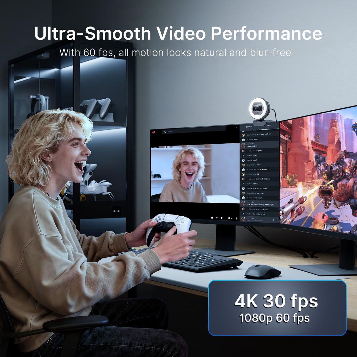 NexiGo N930E Pro, 4K Webcam with Ring Light, PDAF Autofocus, 1080P@60FPS, Dual Noise-Canceling Mics, Built-in Privacy Shutter, Web Cam for Streaming, Meeting, Gaming