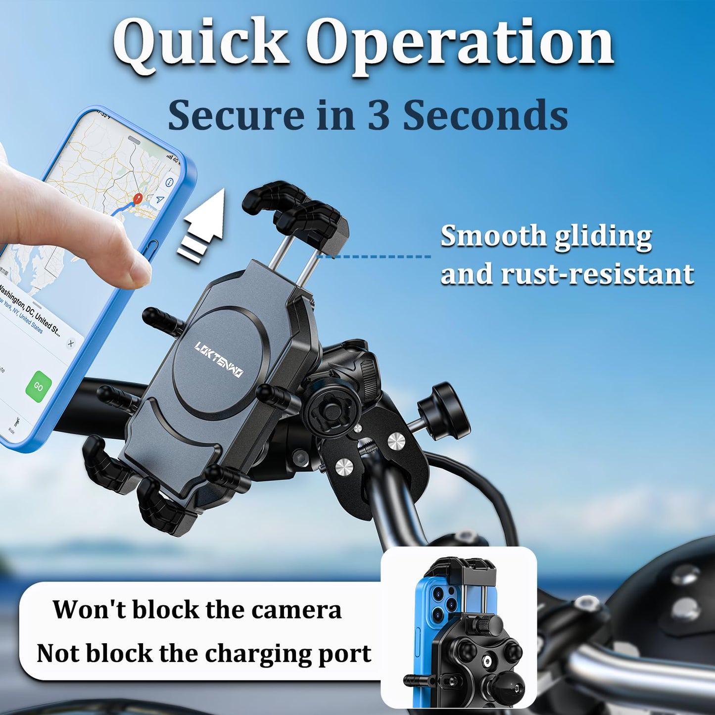 LOKTENWO Motorcycle Phone Mount with Vibration Dampener & High-Speed Secure Lock, Anti-Theft ATV Scooter Motorcycle Handlebar Phone Holder for 5.4” to 7.2” Smartphone