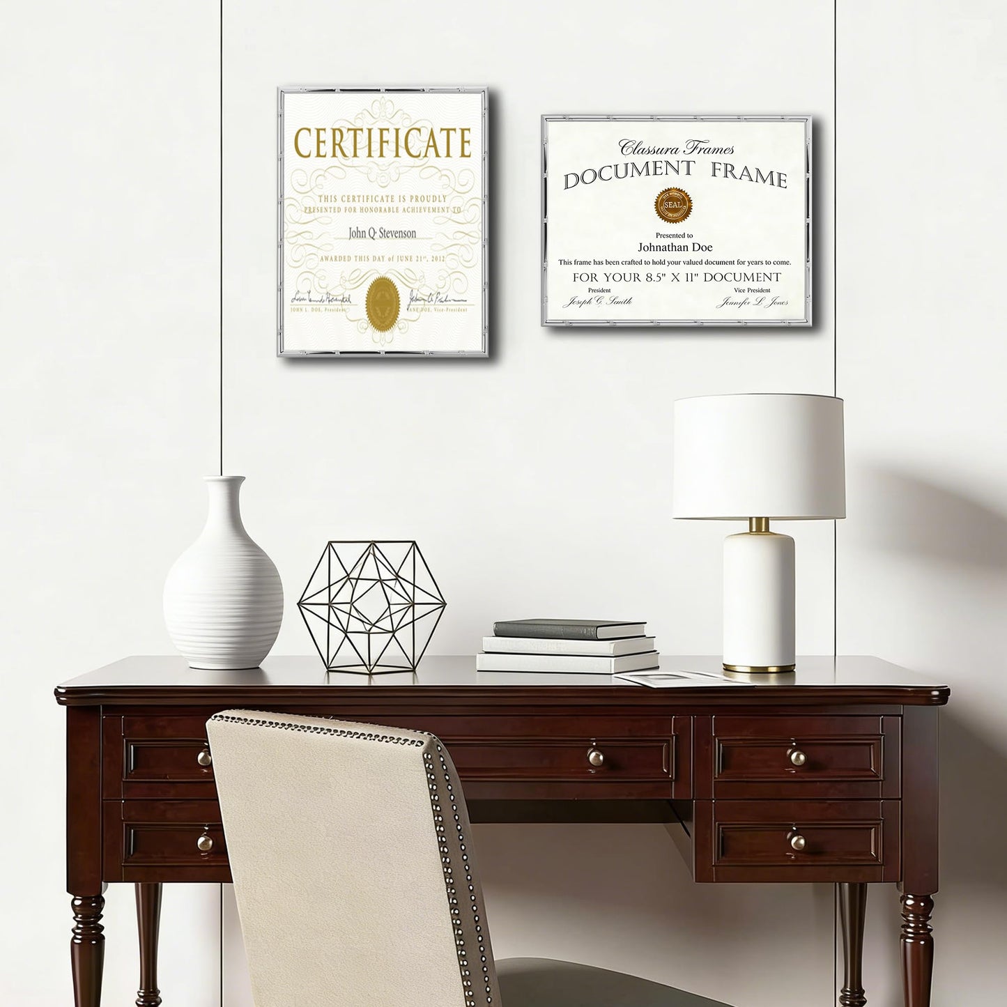 YiPinYin Silver 8.5x11'' Bamboo Detail Designs Metal Document Frame 2pack,Classy Silver Plated Certificated Frames 8.5x11inch With Soft Touch Velvet & Backing for Desktop and Wall Décor