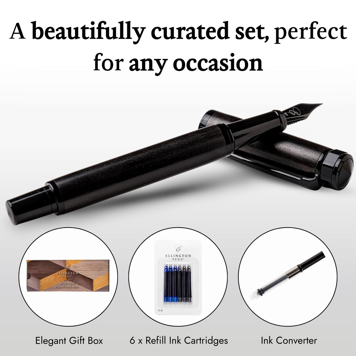 Ellington Pens Luxury Wood Fountain Pen Set – Fine Nib - Includes 6 Ink Cartridges, Wooden Pen Gift Box, Ink Converter - Wood Pen For Writing, Calligraphy, Journaling, Drawing (Ebon Elegance)