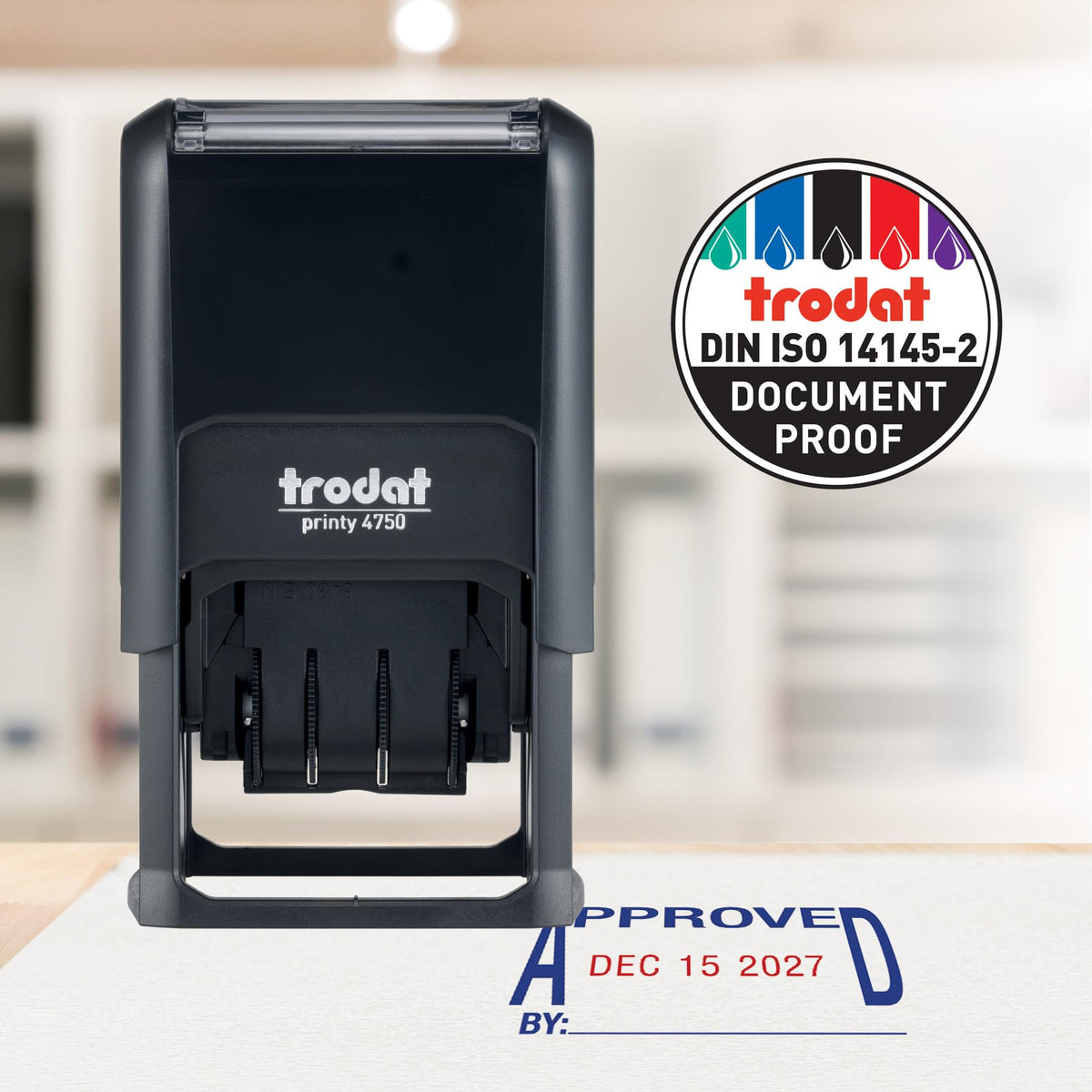 Trodat Printy 4750 Self Inking Date Stamp with Approved, Copy, EMAILED, Scanned – Blue and Red Ink, 1" x 1-5/8"