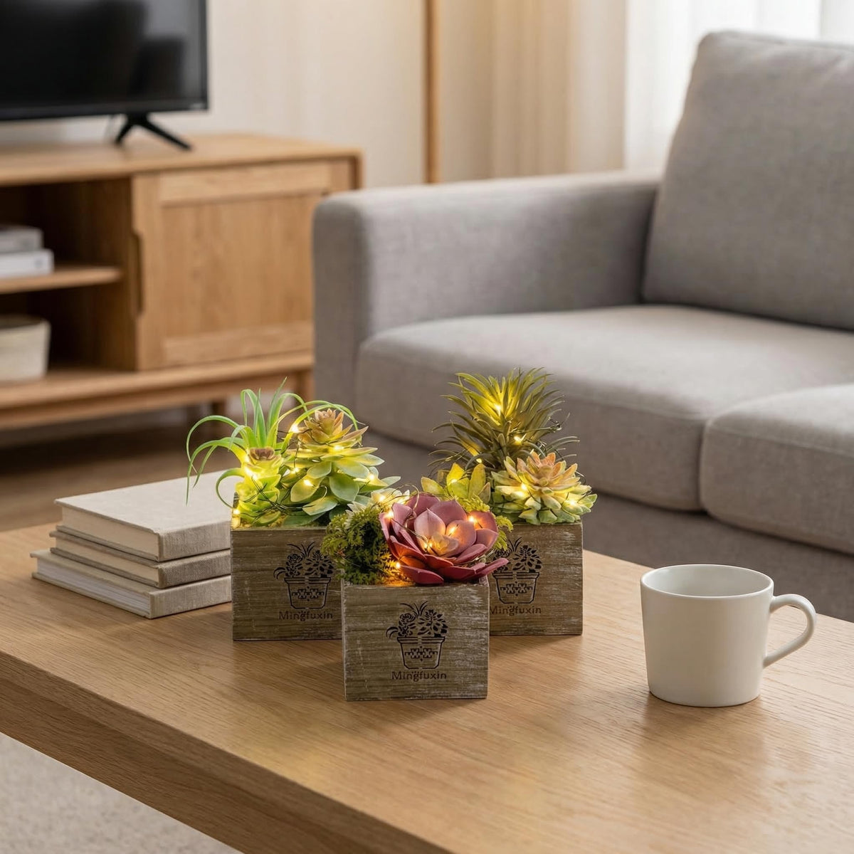 Mingfuxin Small Fake Plants, 3 Packs Mini Succulent Plants Artificial with Led Lights for Indoor Bathroom Bedroom Desk Office Decor