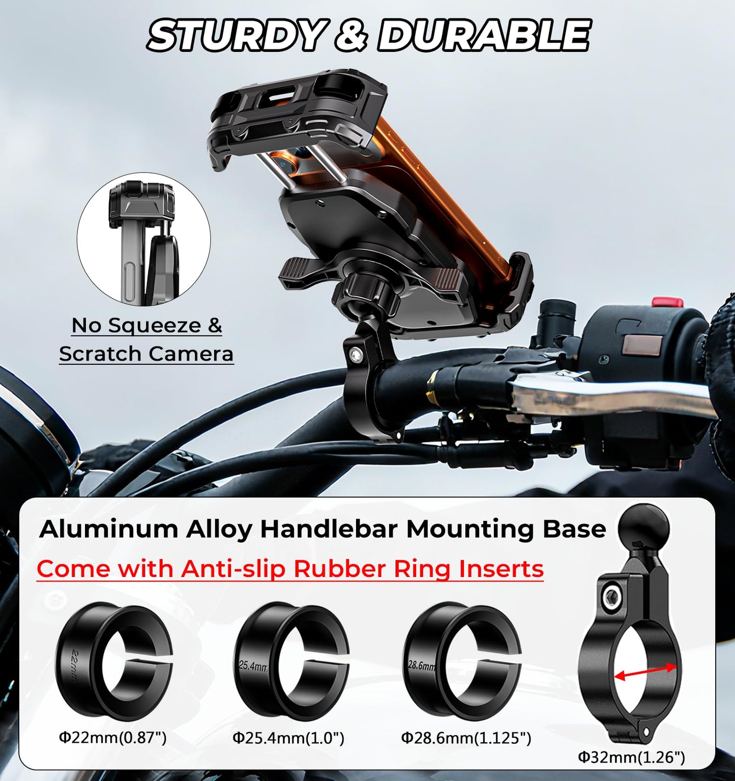 VAZESWIN Motorcycle Phone Mount [Secure Lock] One-Handed Operation Motorcycle Cellphone Holder, Bicycle Scooter Handlebar Clamp, Bike Phone Mount with Aluminum Alloy Base Fit for 5.4"-7.2" Smartphone