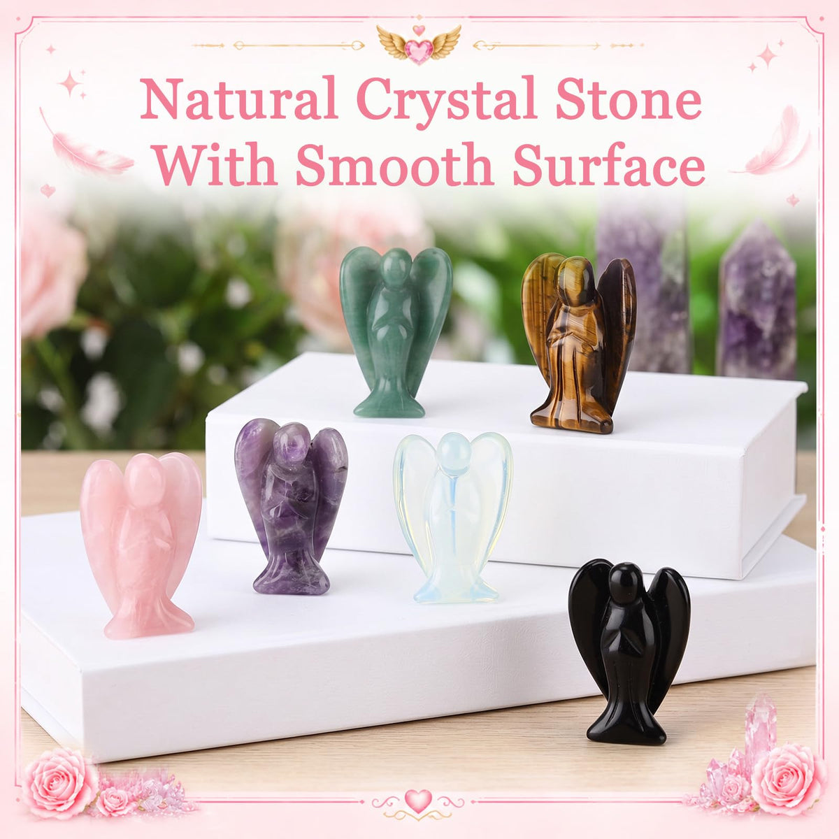 Hicarer 6 Pcs Small Crystal Angel Figurines Mini Guardian Statue Natural Gemstone Carved Pocket Crystal Figurines Stones Decor Gift Love Peace Healing (2 Inch,Multi Color)