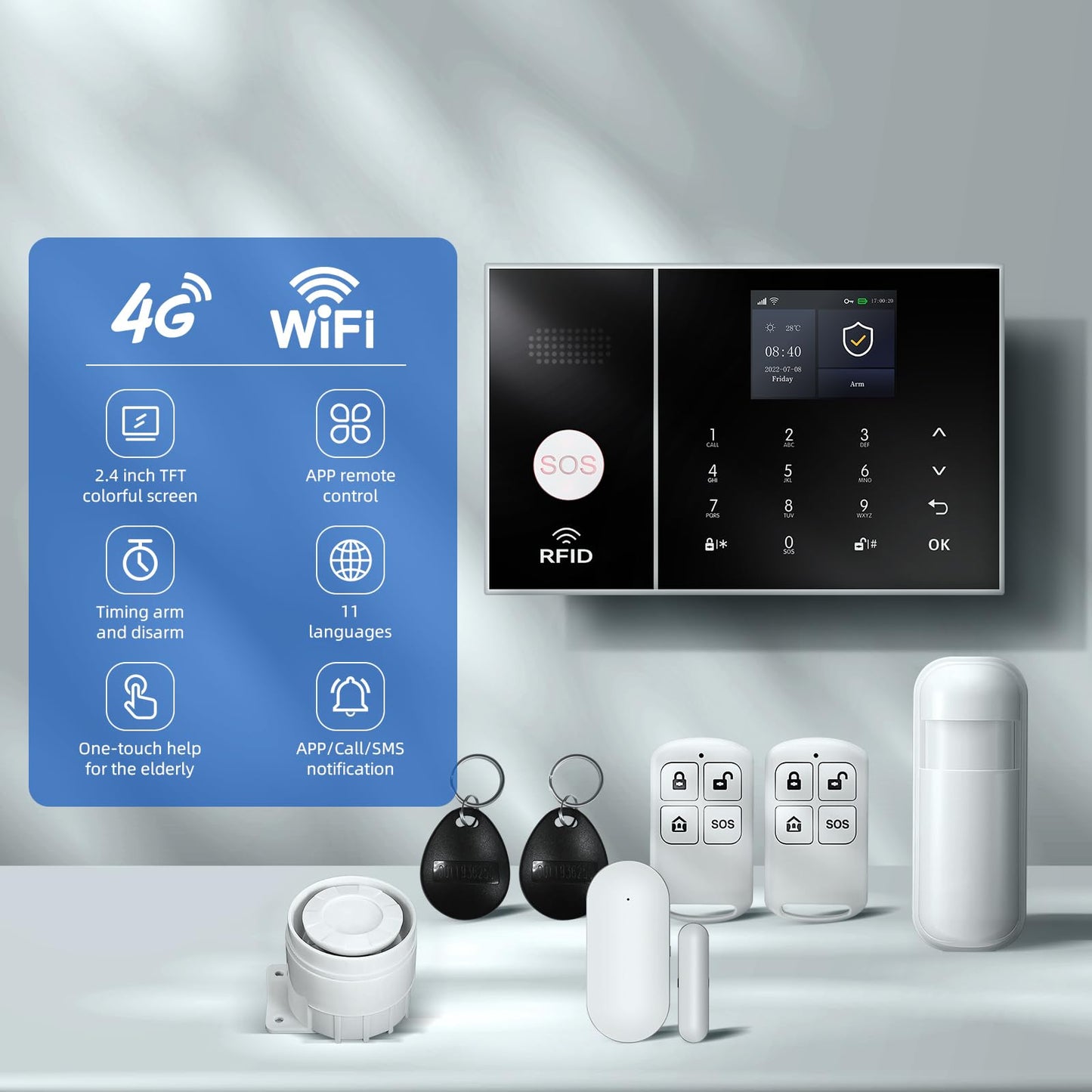 LWOHSI Alarm System for Home Security,WiFi+GSM 4G Wireless Alarm System with Phone APP Alert,Door/Window Sensor,Remote,Compatible with Alexa and Google for Home,Apartment,Office (A108F-US-D)