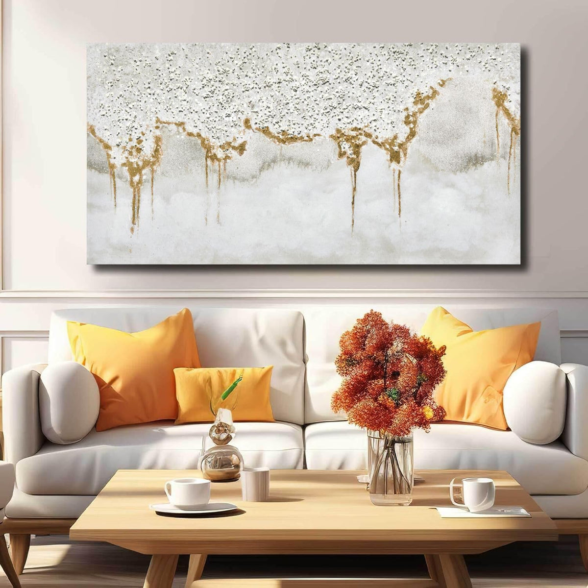 TRAIN2 ART Textured Abstract Glitter Artwork Canvas Wall Art, White Acrylic Painting and Gold Foil Oil Painting Wall Art on Canvas for Living Room Decor Gold and Gray (Gold, 24X48inch)
