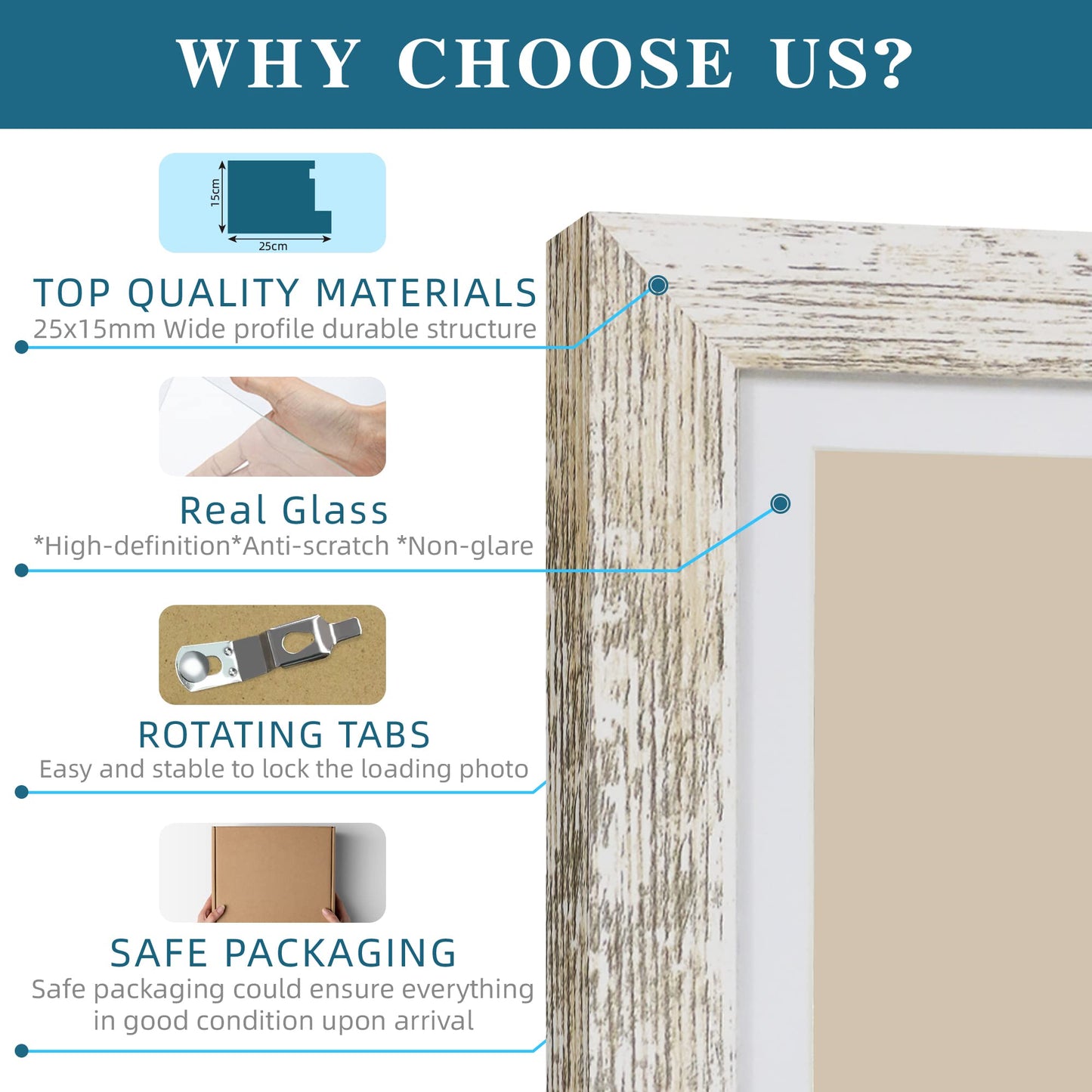 Hongkee 9x12 Picture Frame Set of 4, Made of Glass and Distressed White Wooden Frame - Display Picture 6x8 with Mat or 9 x 12 Without Mat, 9 by 12 Photo for Wall or Tabletop