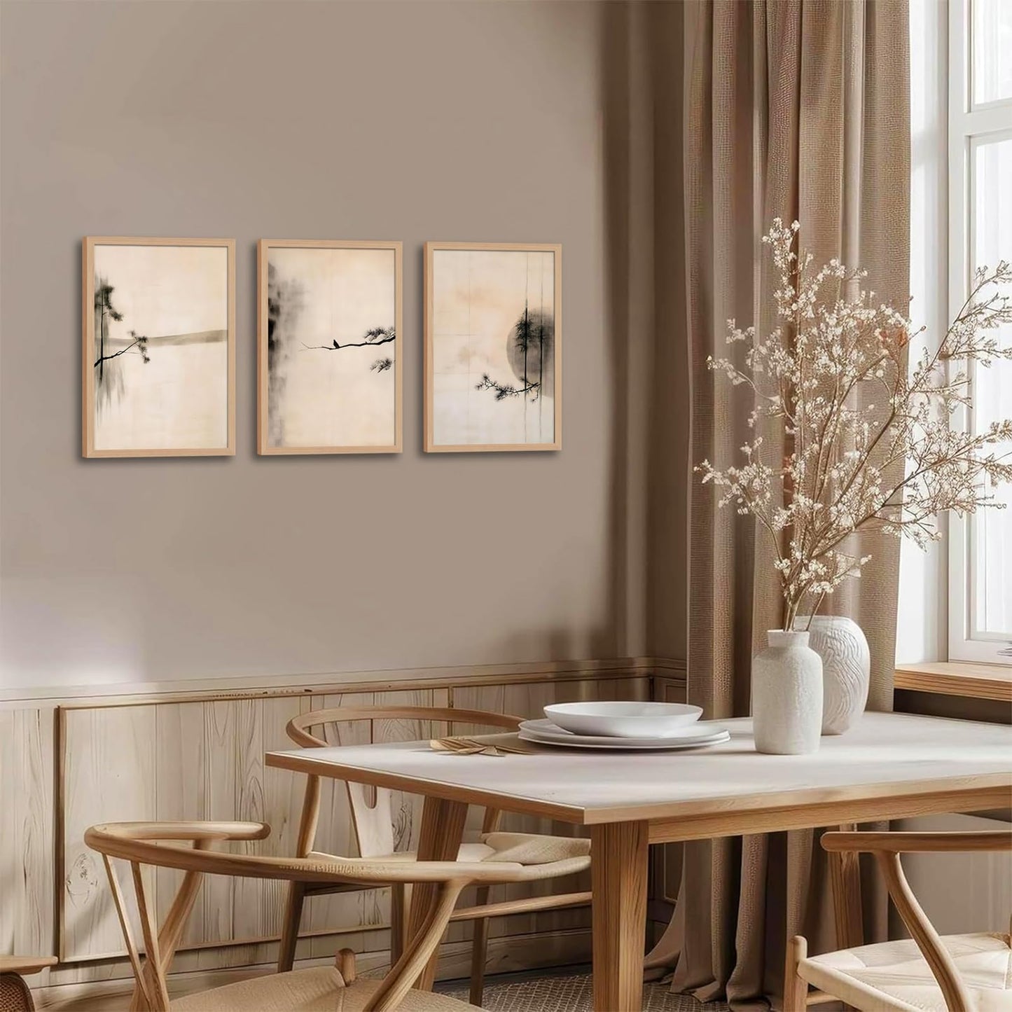 skysoon Minimalist Zen Wall Art Set of 3, Abstract Ink Landscape Canvas Prints, Neutral Pine Tree and Bird Artwork, Modern Japanese Scandinavian Wall Decor for Living Room Bedroom Office 16x24 Inch