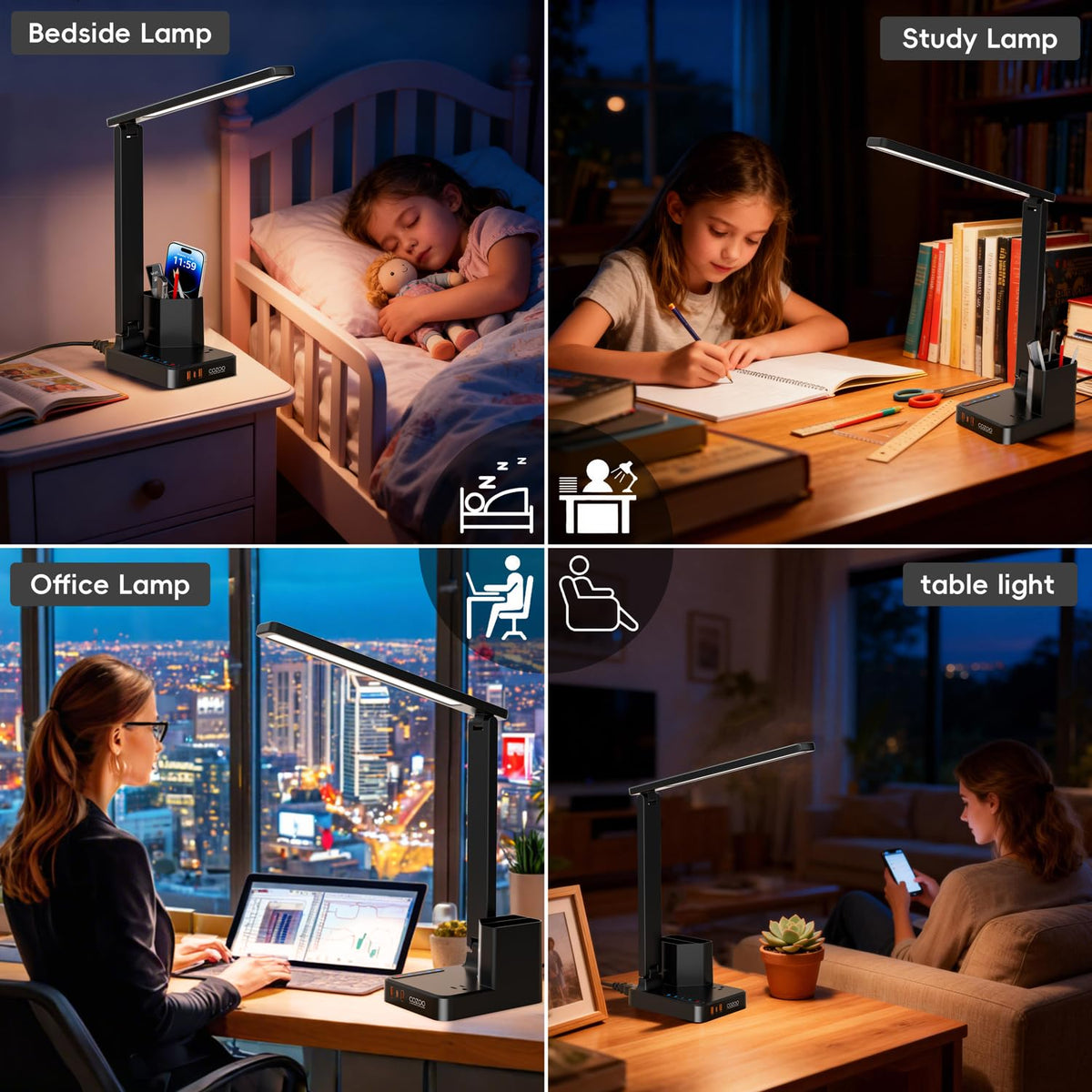 LED Desk Lamp with 3 USB Charging Ports 1 AC Outlet Small Table Lamp for Home Office/Bedroom/Study/College/Dorm Room Essentials, Foldable Reading Light w/Pen Holders for Craft/Artist/Puzzle/Nail/Task