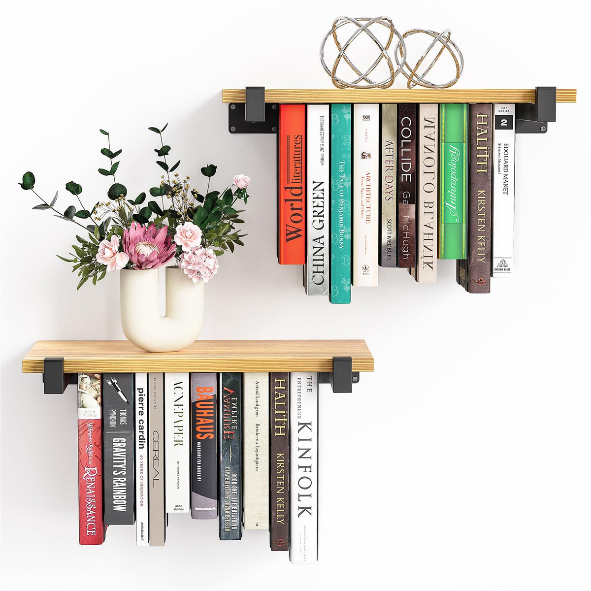 NANATI 2 Set of Floating Bookshelf, Pine Wood Invisible Bookshelf, Hanging Bookshelves for Wall, Unique Space Saving Wall Bookcase (16.5L×8.7W×1.5H)