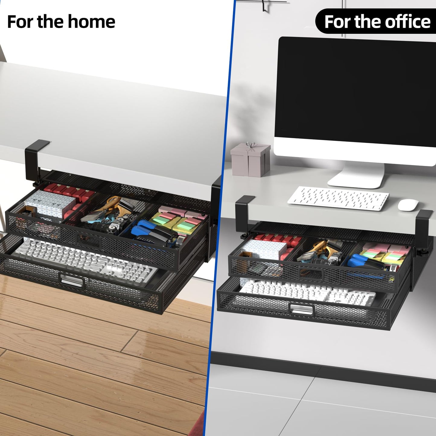 SEYHAKI Under Desk Drawer Organizer No Drilling Under Desk Storage Drawer Organizer Metal Under Desk Slide Out Drawer Suitable for Home and Office(Large)
