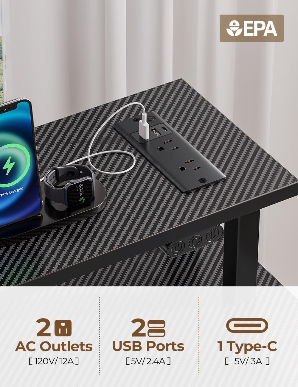 Rolanstar Computer Desk with Power Outlets & LED Light, 39 inch Home Office Desk with 3 Drawers and Storage Shelves, Writing Desk with Monitor Stand, Modern Work Desk for Home Office, Carbon Black