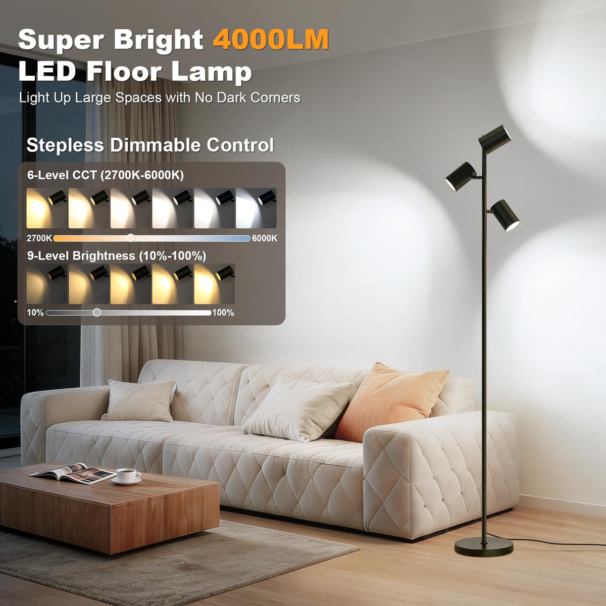 4000LM LED Tree Floor Lamp, 36W Super Bright Reading Lamp with Remote, Dimmable Tall Standing Light with 3 Rotatable Heads & 6 Color Temperatures, Modern Floor Lamps for Living Room Bedroom Office