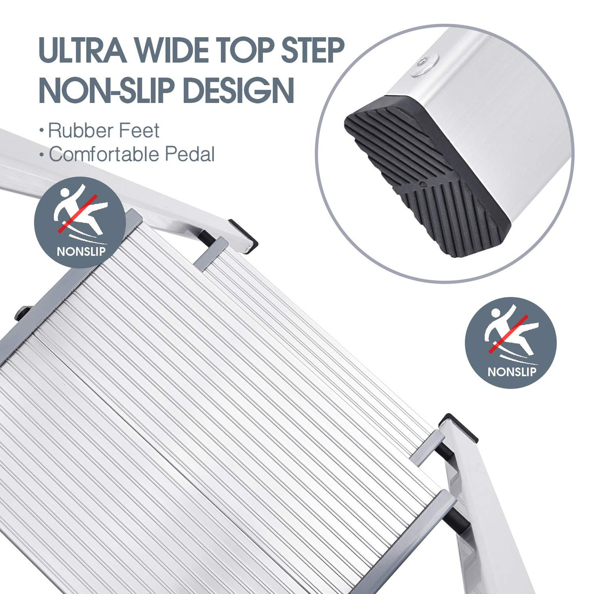 KINGRACK Aluminium 2 Step Ladder, Lightweight Step Stool with Non-Slip Pedals, Handrail, 330LBS Foldable Step Ladder for Kitchen, Garage, Home, Space Saving, Sturdy and Portable, Silver