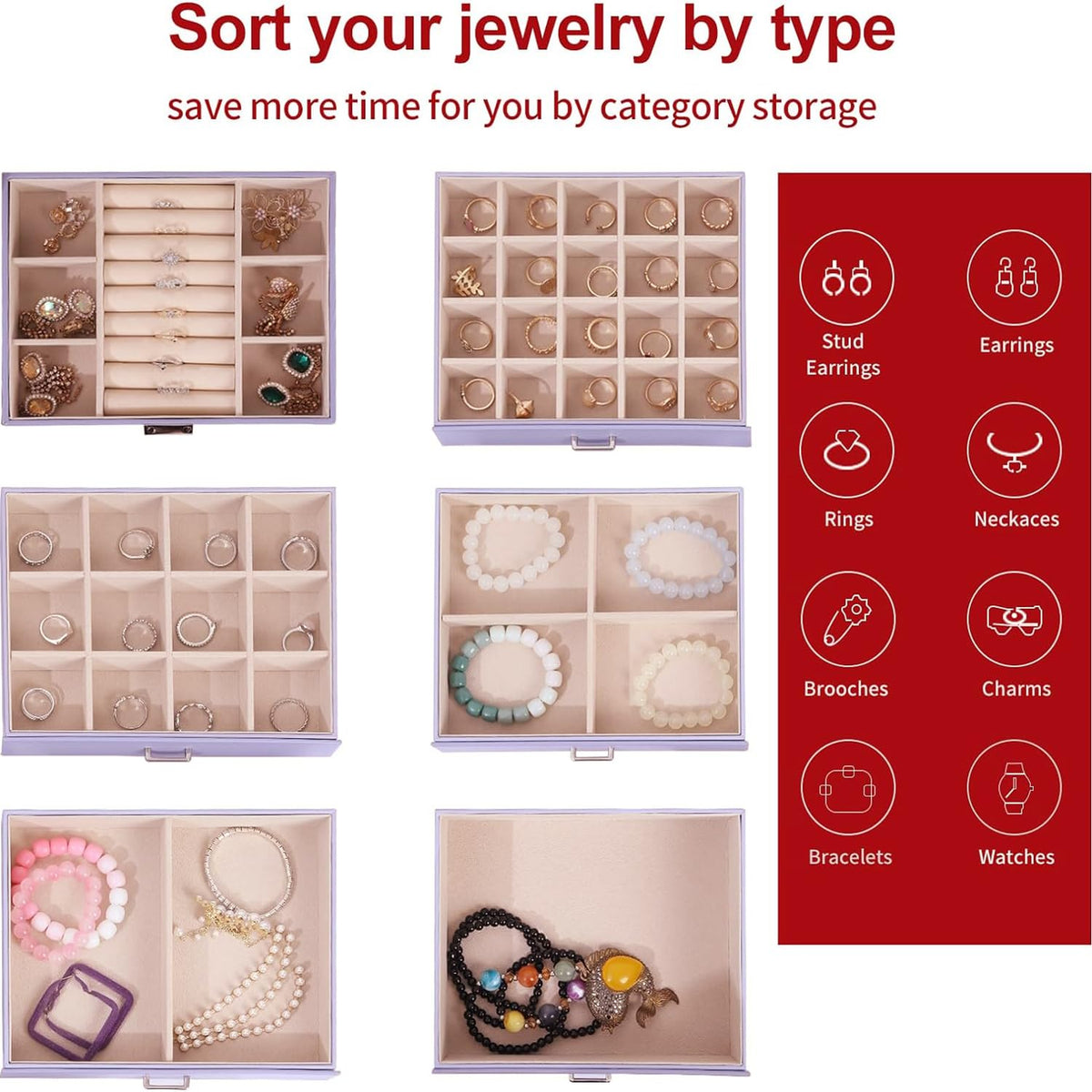 ASINGYER Jewelry Box for Women, 6 Layer Large Jewelry Holder Organizer with 5 Drawers for Jewelry Storage, Big Jewelry Box for Womens’ Christmas Gift (lavender)