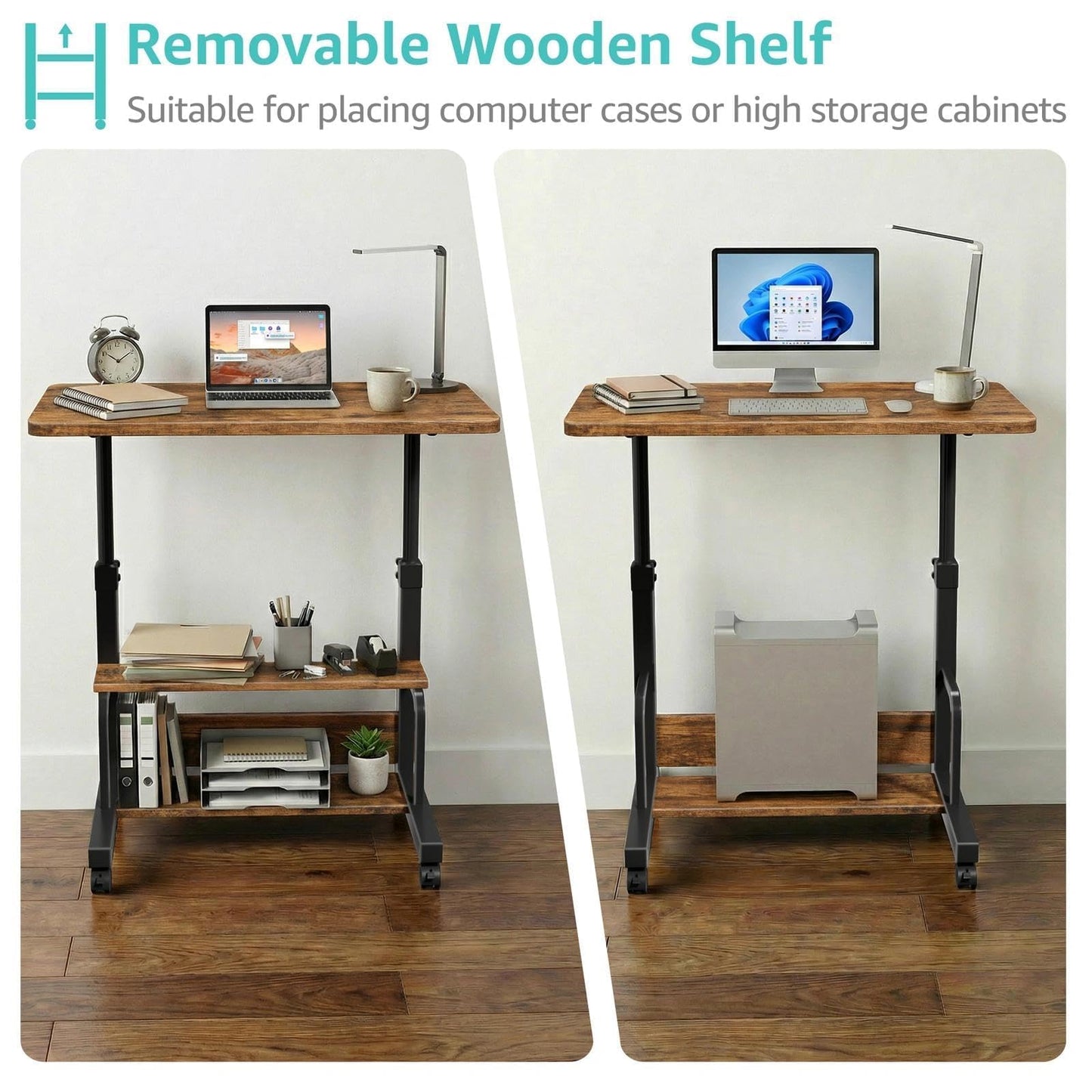 WINAZ C Shaped Rolling Laptop Desk - 32" Rustic Brown Mobile Portable Small Desk with Wheels for Small Spaces, Height Adjustable Overbed Table with 2-Tier Storage Shelves