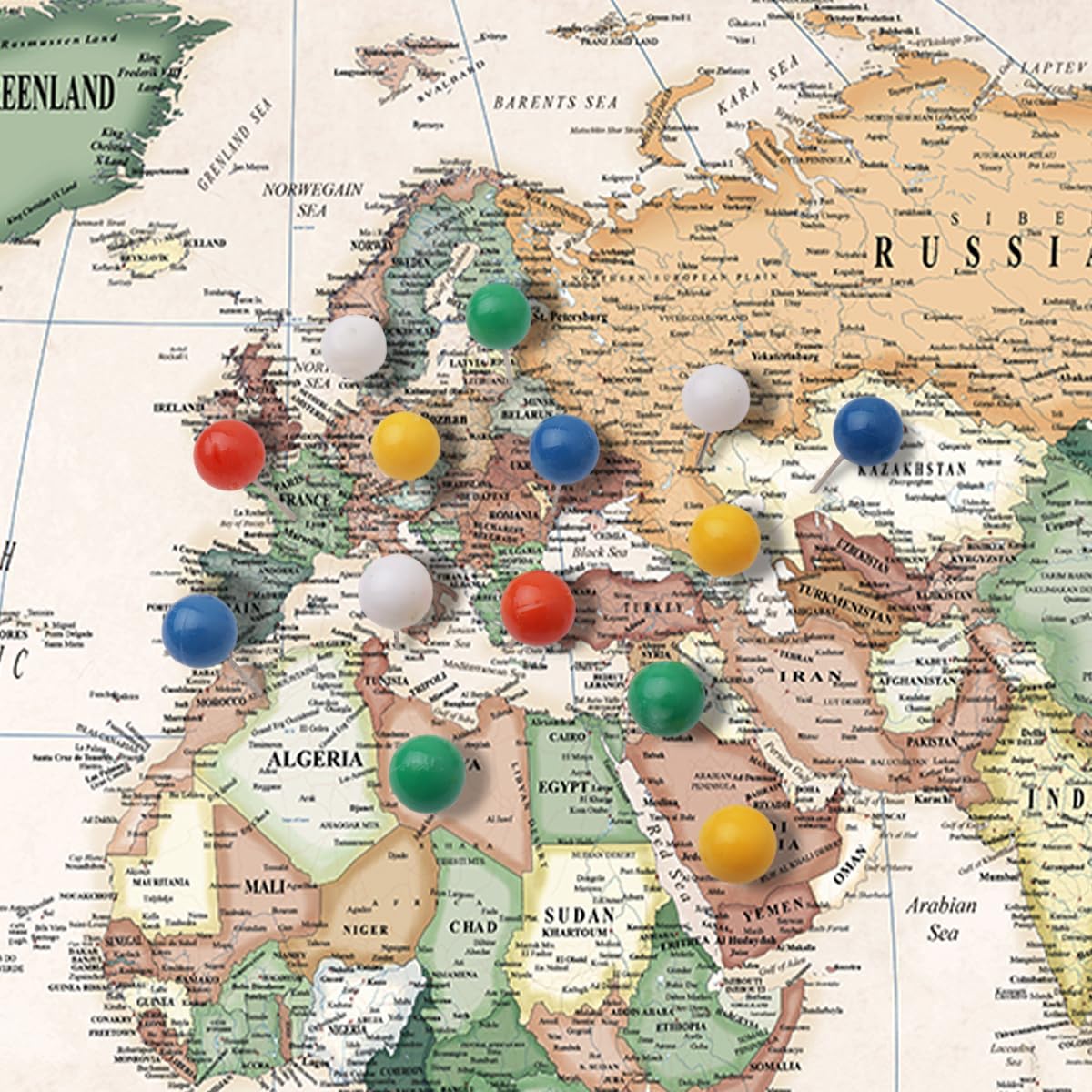Renditions Gallery Colorful World Map Canvas Wall Art with Charcoal Black Frame Wall Hanging Travel Map with Push Pins for Home, Office, Classroom