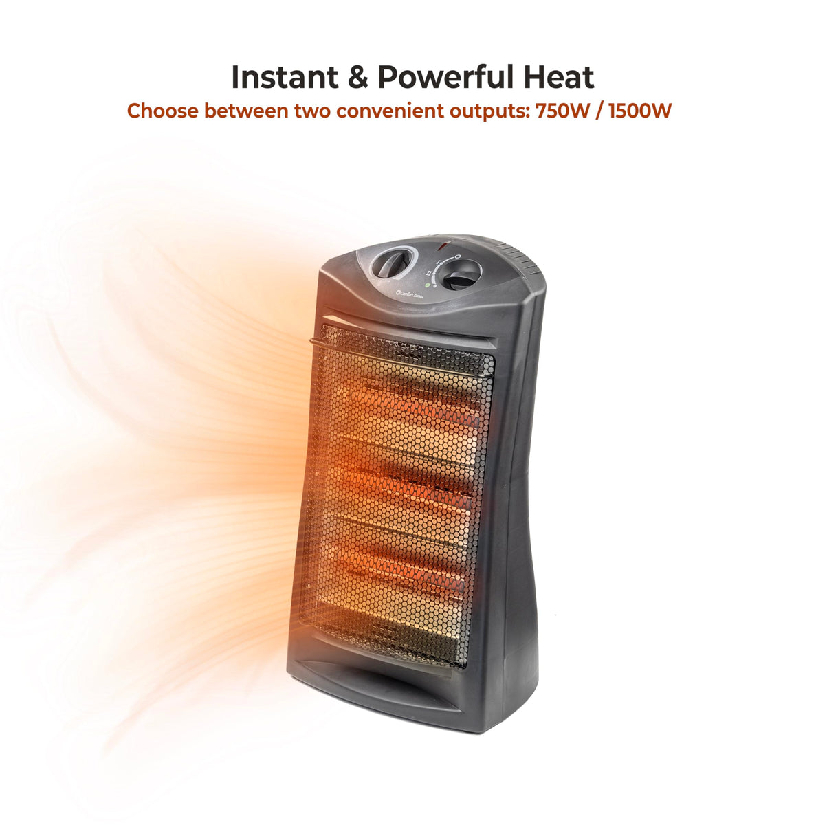 Comfort Zone Space Heaters for Indoor Use, Portable Electric Heater, Adjustable Thermostat, Infrared Heat, Quartz Tower Space Heater with 2 Heat Settings, Bedroom Heater, Black