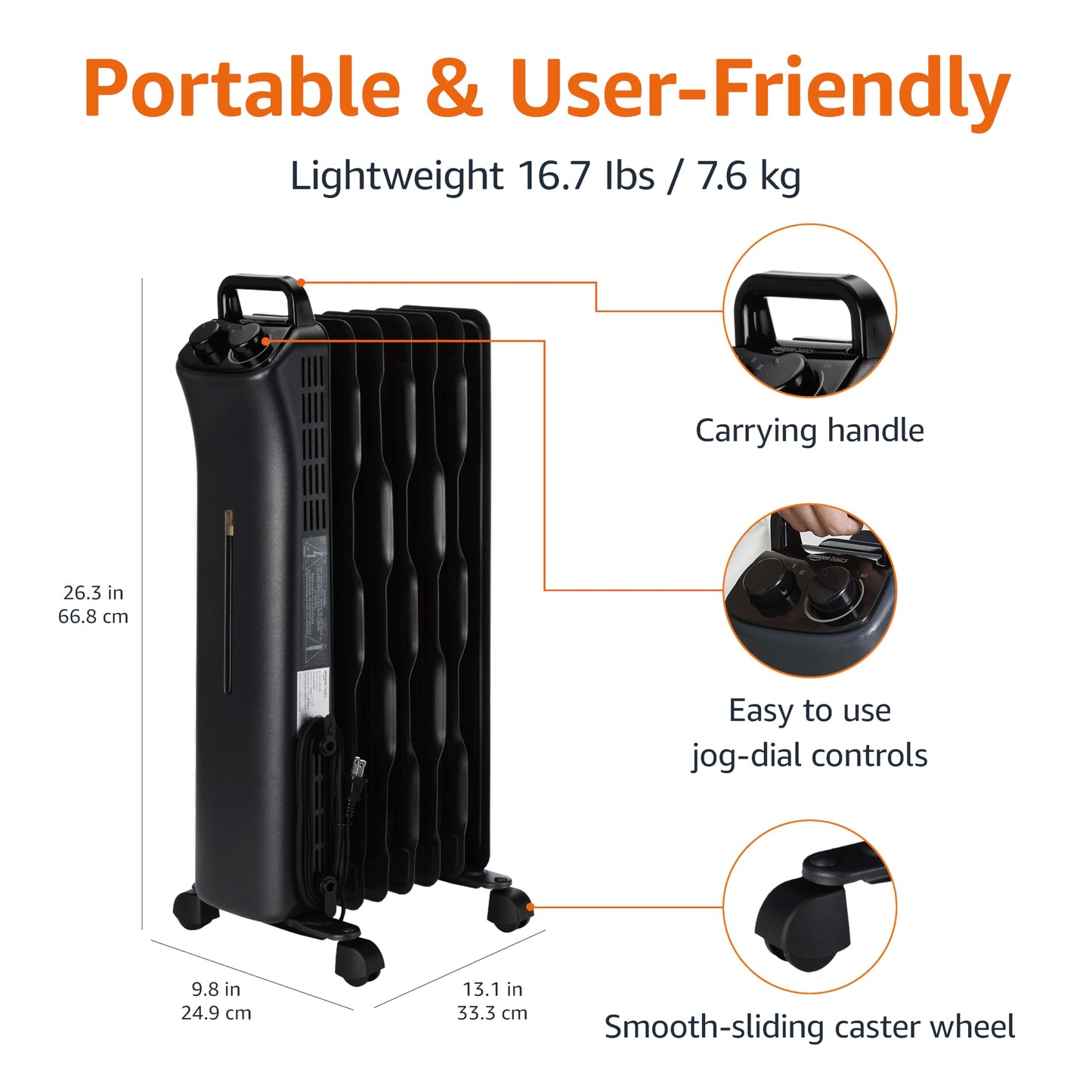 Amazon Basics Portable Oil Space Heater with 7 Oil-Filled Fins, 3 Heat Settings, Adjustable Thermostat, Tip-Over and Overheat Protection, ETL Safety Certificate, 1500W, Black