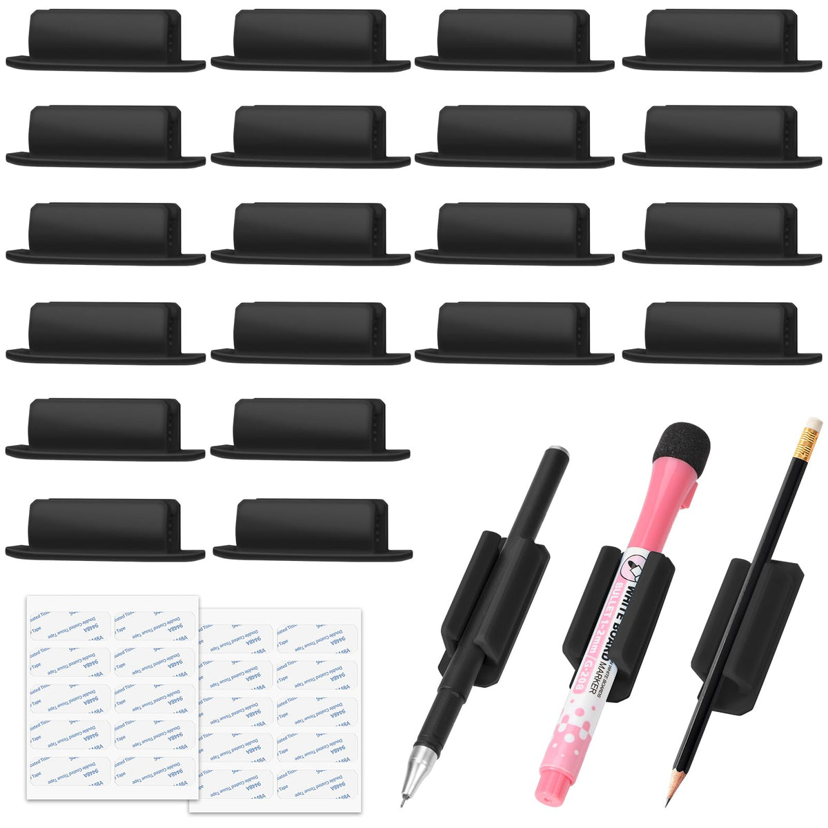 BOBOKA 20Pcs Pencil Holder for Desk, Adhesive Pen Holder for Classroom Clipboard Attachment, Silicone Pencil Holder & Marker Holder for School Office Desk Accessories, Teacher Supplies