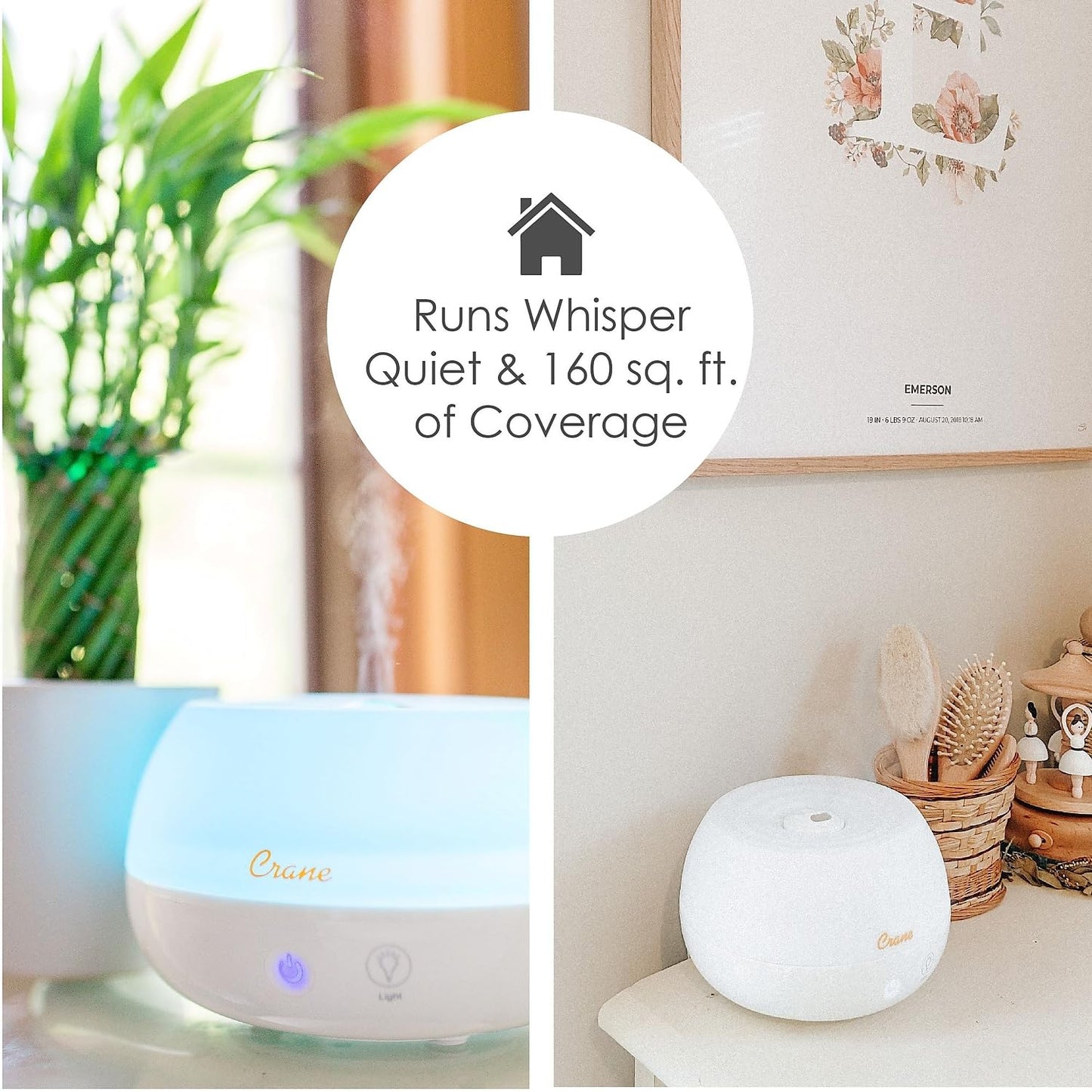 Crane Portable Ultrasonic Travel Humidifier & Aroma Diffuser – 0.2 Gallon Cool Mist, No Filter Required, Optional Essential Oil Tray, Whisper-Quiet for Babies, Travel, & Small Rooms (White)
