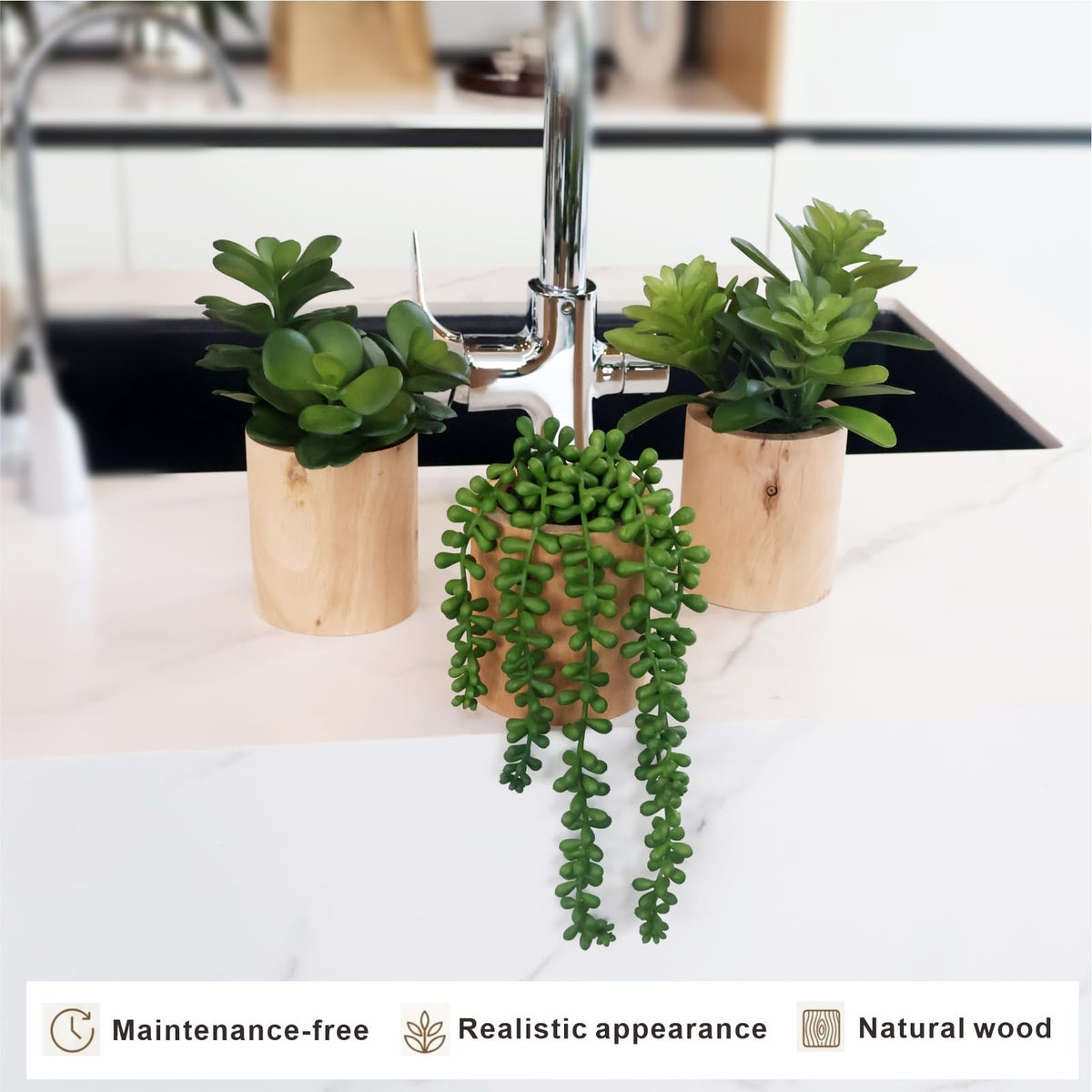 VINSUNI Artificial Succulents with Pots - Set of 3 Small Fake Plants for Aesthetic Room Decor - Realistic Mini Faux Greenery for Office Desk, Bookshelf, and Bathroom - Modern Home Accents