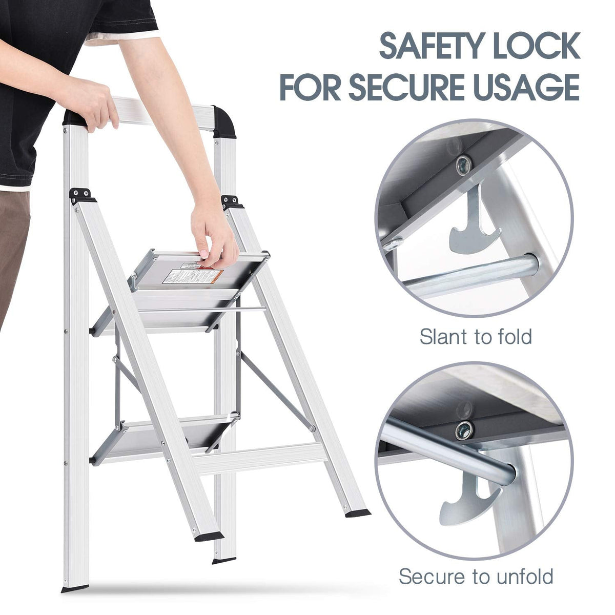 KINGRACK Aluminium 2 Step Ladder, Lightweight Step Stool with Non-Slip Pedals, Handrail, 330LBS Foldable Step Ladder for Kitchen, Garage, Home, Space Saving, Sturdy and Portable, Silver