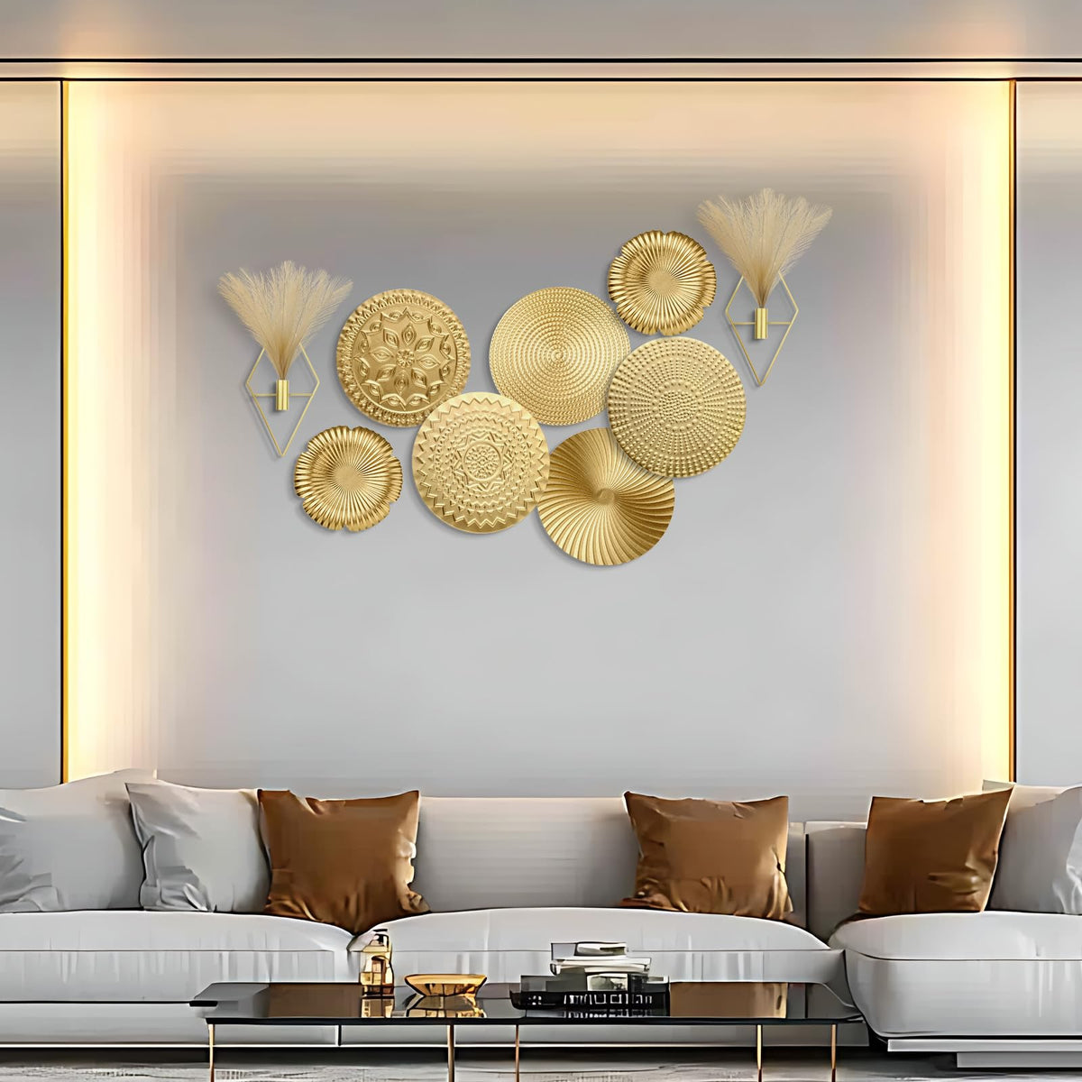 Wesiti 9 Pcs Gold Metal Wall Art Set Hanging Planters with Artificial Pampas Grass Modern Boho Wall Decor Set for Living Room Bedroom Bathroom Office