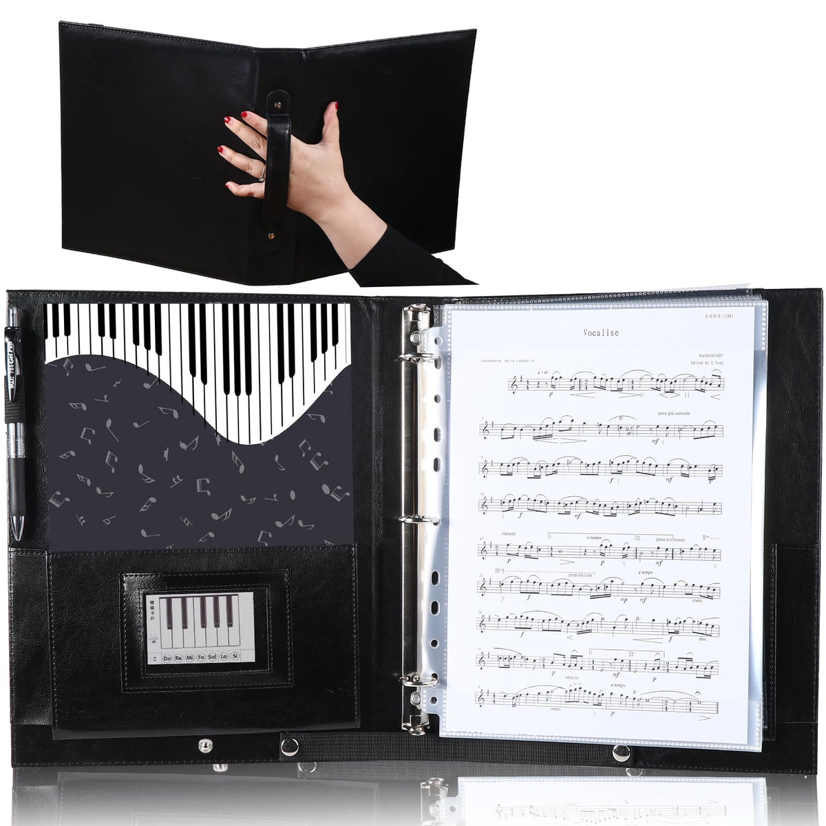 Choral Sheet Music Folder Organizer: 3 Ring Piano Music Binder with Plastic Sleeves - PU Leather Choir Folders with Hand Strap Elastic Band Fits Letter Size 8.5 x 11 inch, Black