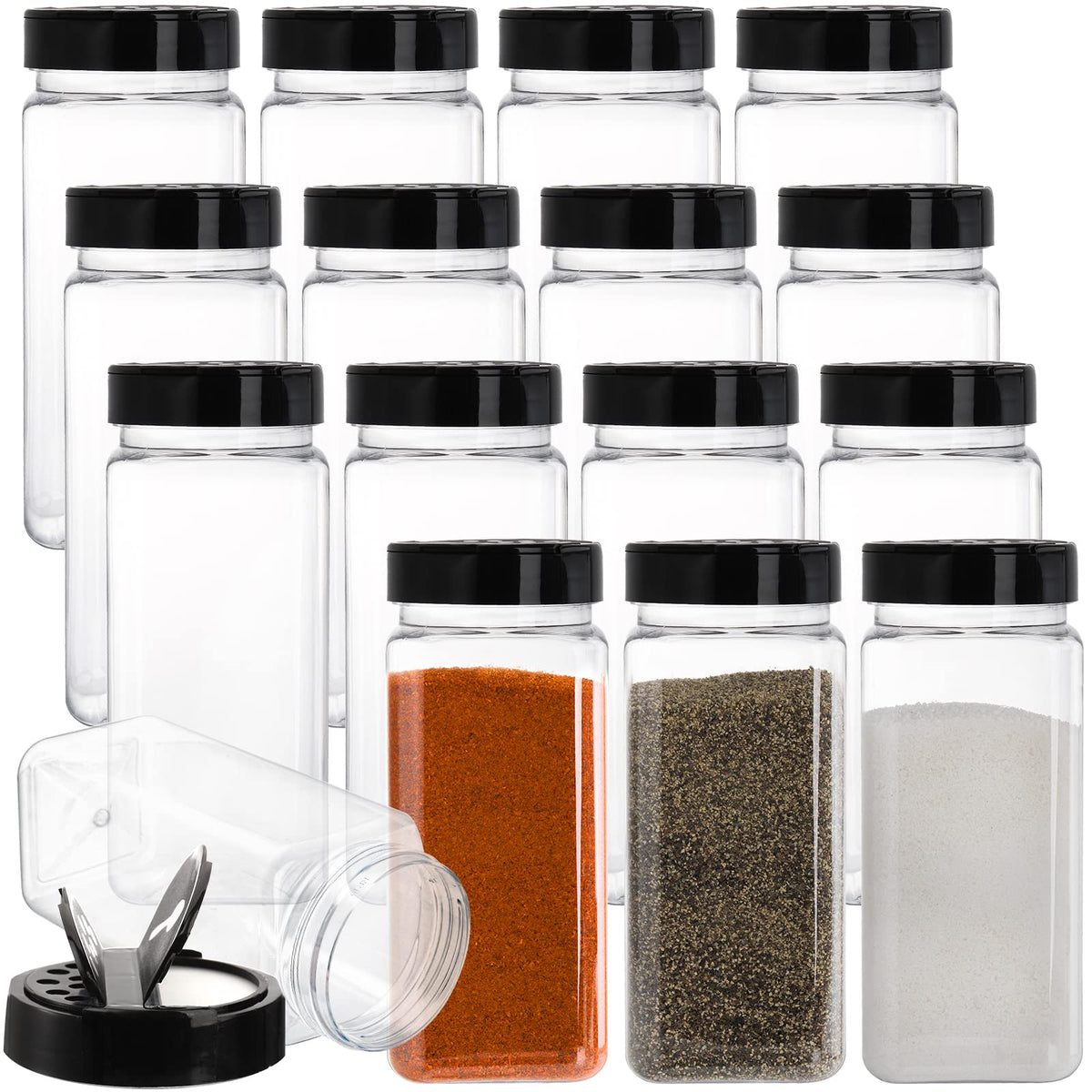 Hacaroa 16 Pack 20 Oz Plastic Spice Jars with Shaker/Pourer Lids, Square Large Empty Seasoning Containers Clear Spice Bottles for Dry Food, Condiments, Herbs, Powders
