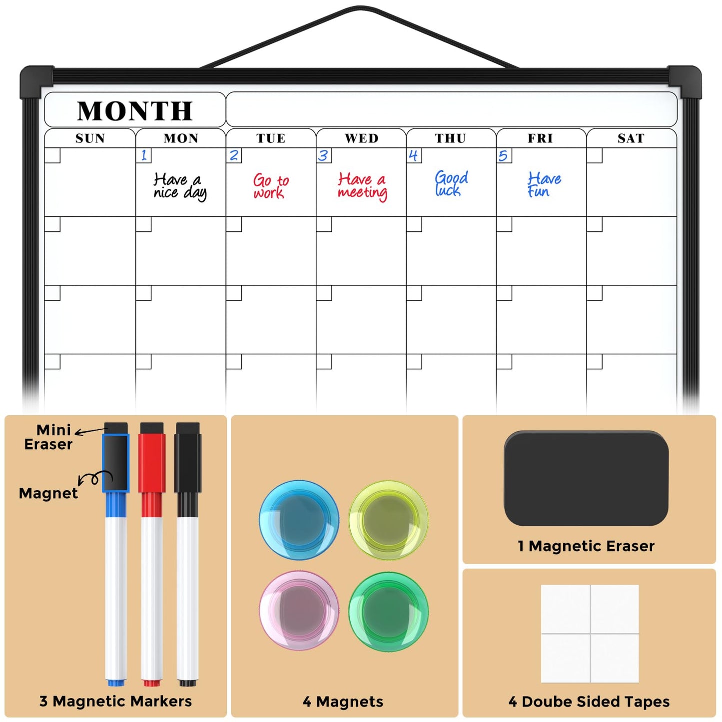 MaxGear Monthly Calendar Dry Erase Board for Wall, 16"x12" Small Hanging Double-Sided White Board, Portable Whiteboard for Planning, Drawing, Memo, to Do List, School, Home, Office, Black Frame