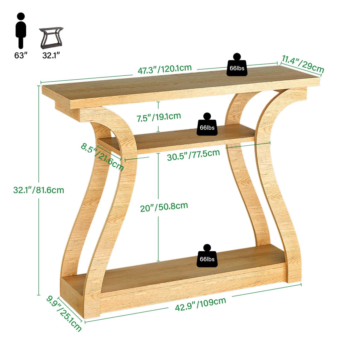 UODERS Wooden Console Table with Curved Legs and Shelf, 3-Tier Modern Accent Narrow Sofa Table for Entrance Area, Living Room, Hallway, 47 in Wide Wood Console Table for Entryway (Nature)
