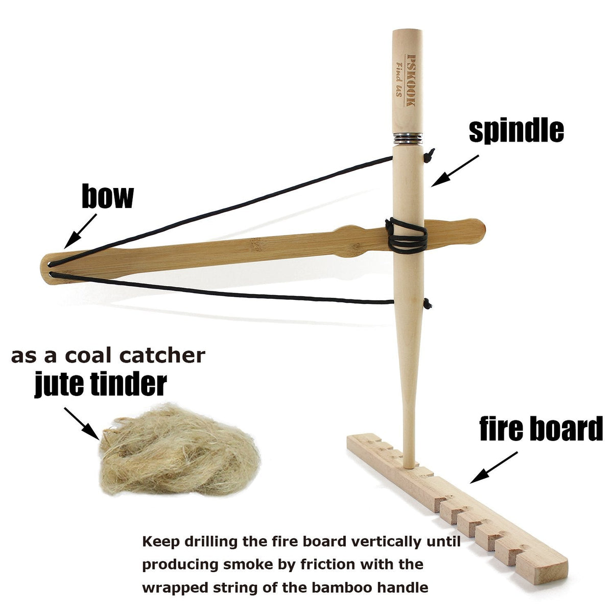 Bow Drill Fire Starter Kit, Pskook Survival Tool, Primitive Friction Fire Starting Kit, Bushcraft Gear, Camping Safety Equipment, Outdoor